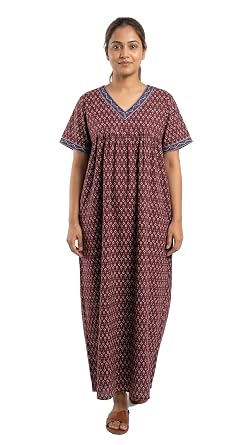 Evolove Cotton Nighty Maxi for Women with Side Pocket | Floral Print Round Neck Short Sleeves Full Length Night Wear Gown