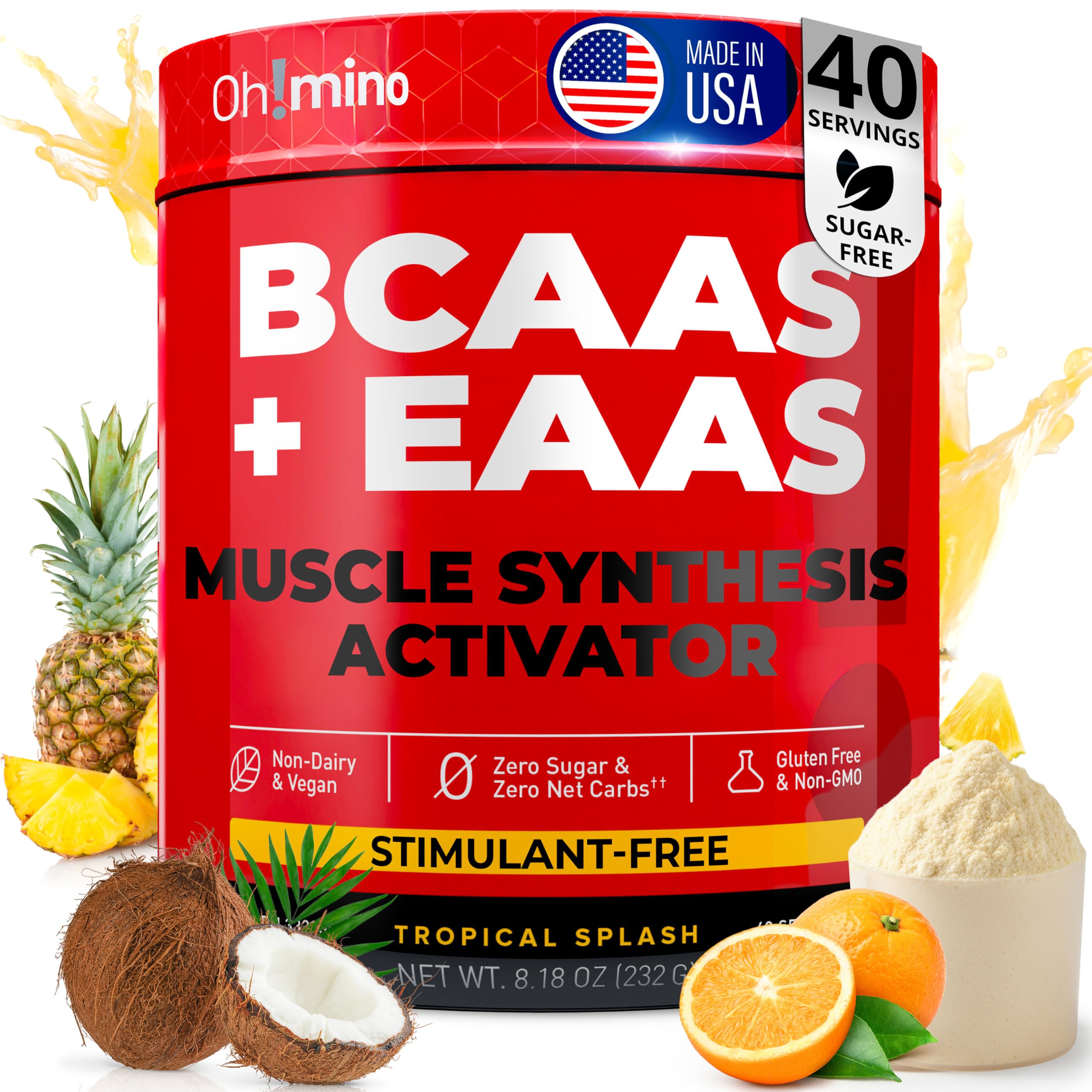 Oh!mino Essential Amino Acids Supplement Drink Powder, Tropical Splash, Cafeeinated Powder, All 9 EAAs, BCAAs and The Perfect Amino for Workouts, Amino Energy, and to Build Muscle, and Recover Faster