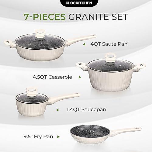 Miniatura 8 de Clockitchen Juego de utensilios de cocina antiadherentes, 7 ollas y sartenes de granito para una cocina saludable, fácil de limpiar, revestimiento