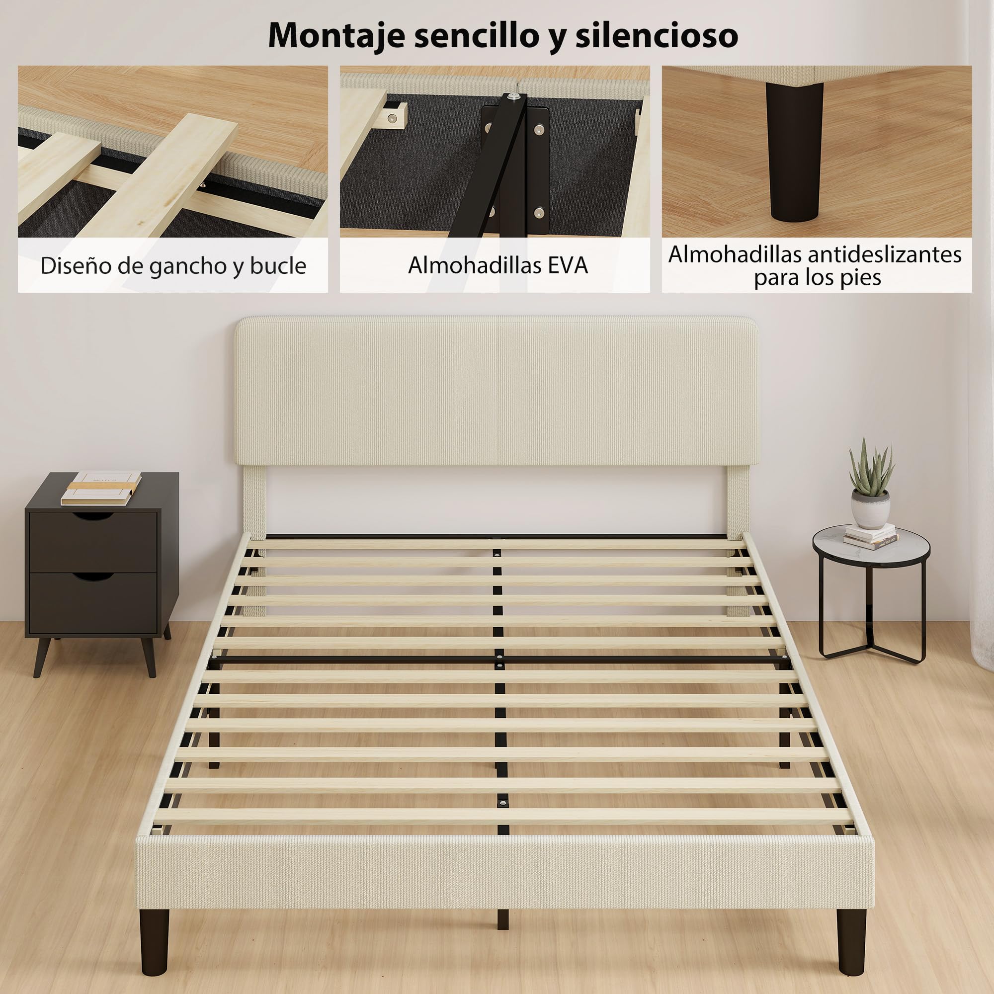 HOMCOM Somier 160x200 cm con Cabecero Ajustable, Estructura de Cama, Tapizado en Pana, Láminas de Madera, Fácil de Montar, Gris Claro