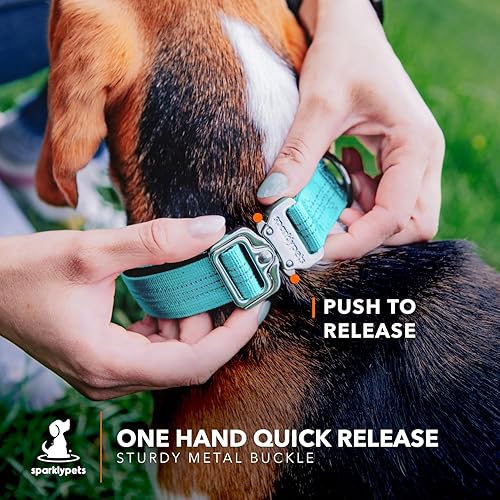 Miniatura 9 de SparklyPets Collar ancho resistente para perro con hebilla cromada de liberación rápida, collar táctico para perro con rayas reflectantes y forro