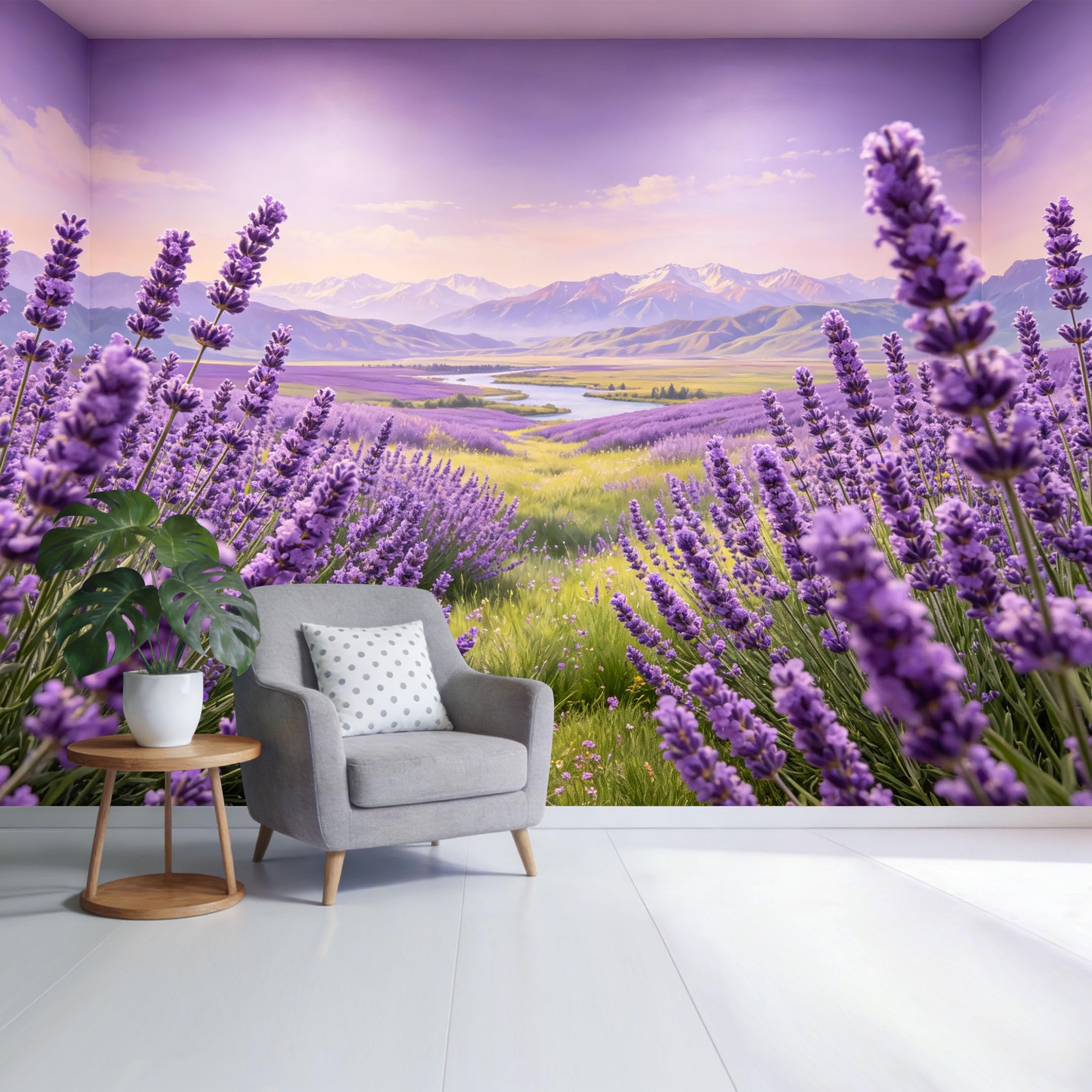 Custom Size Wall Mural Lavender Field Mountain Landscape River Valley Sunset Horizon Botanical Scenic SelfAdhesive Wall Fabric Removable Wallpaper for Home Office Decor