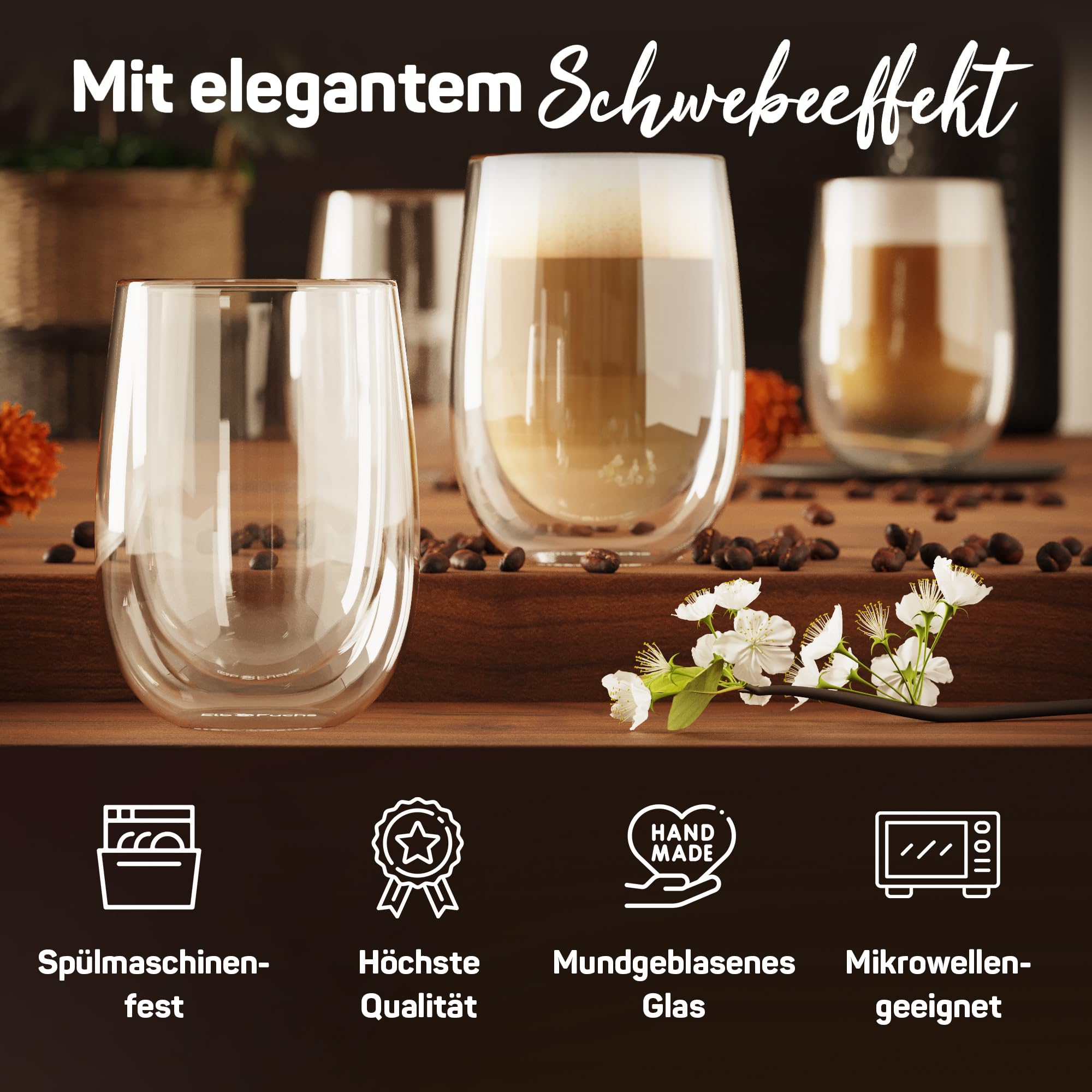 ElbFuchs® Doppelwandige Teegläser 4x 350ml & Teekanne 1,5 Liter mit Stövchen VIENNA | GESCHENKIDEE | Kristallklare Thermogläser doppelwandig | Ideal als Teeservice