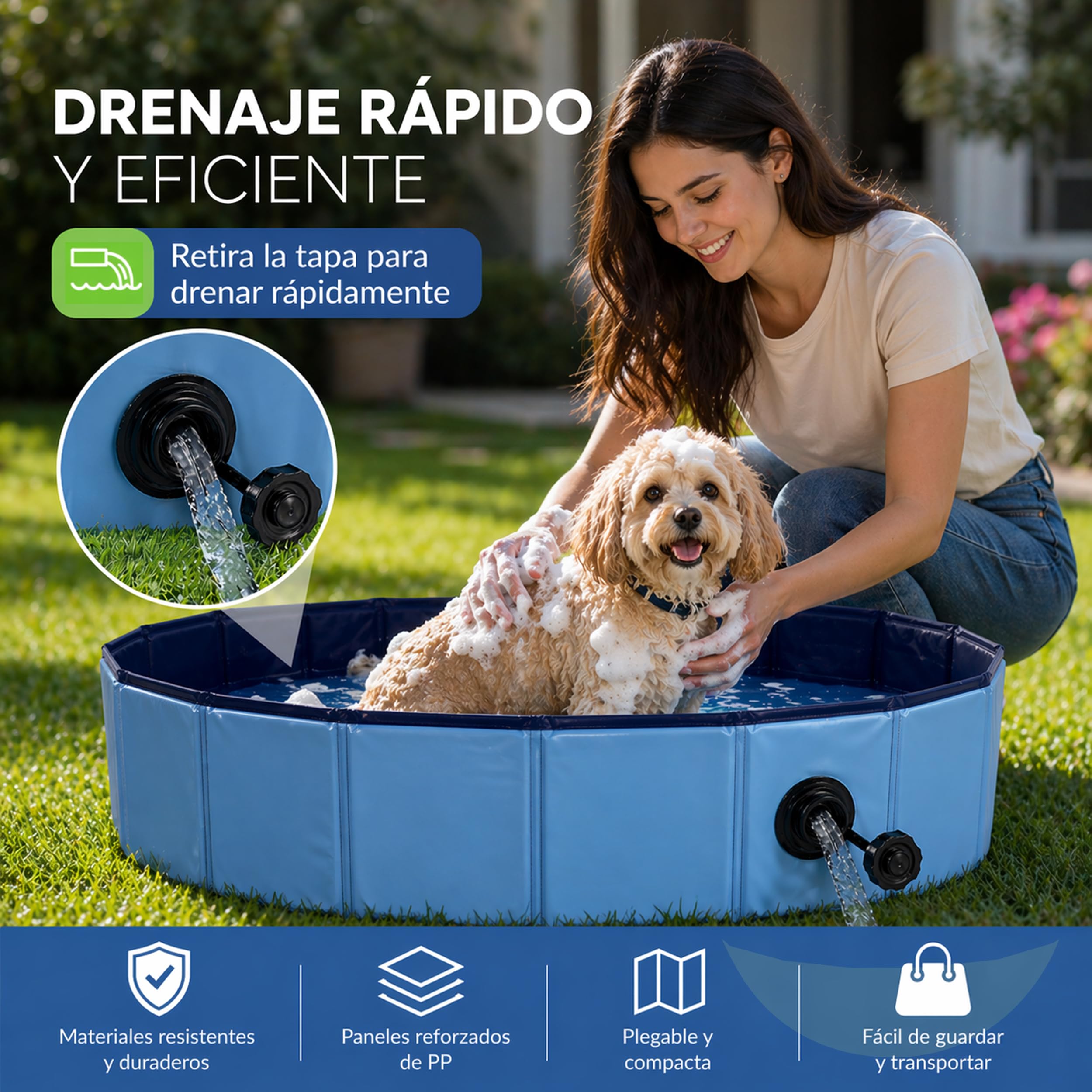 BESCH Piscina Plegable para Perros y Gatos, Bañera para Mascotas Portátil con Desagüe, Piscina Antideslizante para Verano, Uso Interior y Exterior 120Ø x 30 cm