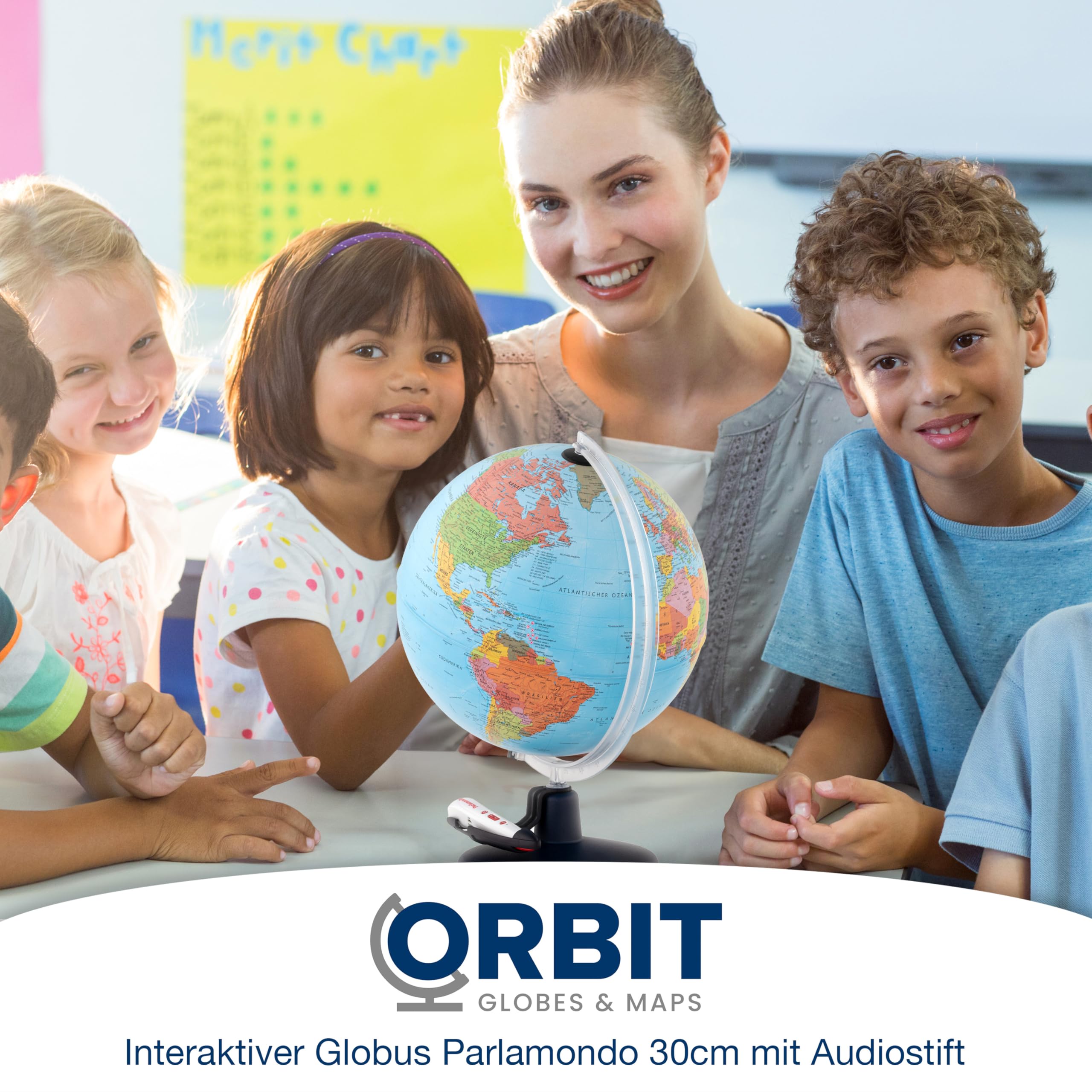 ORBIT Globes & Maps - Interaktiver Audio-Leuchtglobus mit dem Audio-Stift, 30 cm Globus mit stabilem Kunststofffuß, Stifthalterung, deutsches Kartenbild von 2026, USB 5Volt Anschluss