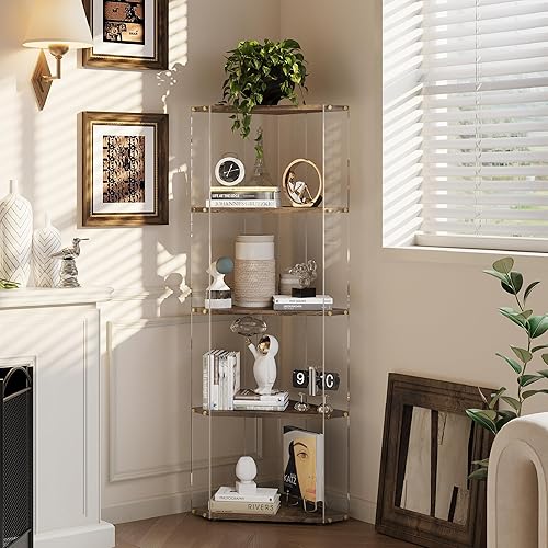 Miniatura 4 de Sttoraboks Estante esquinero de 4 niveles, estante de exhibición de esquina abierta, estantería de esquina independiente con acrílico y madera,