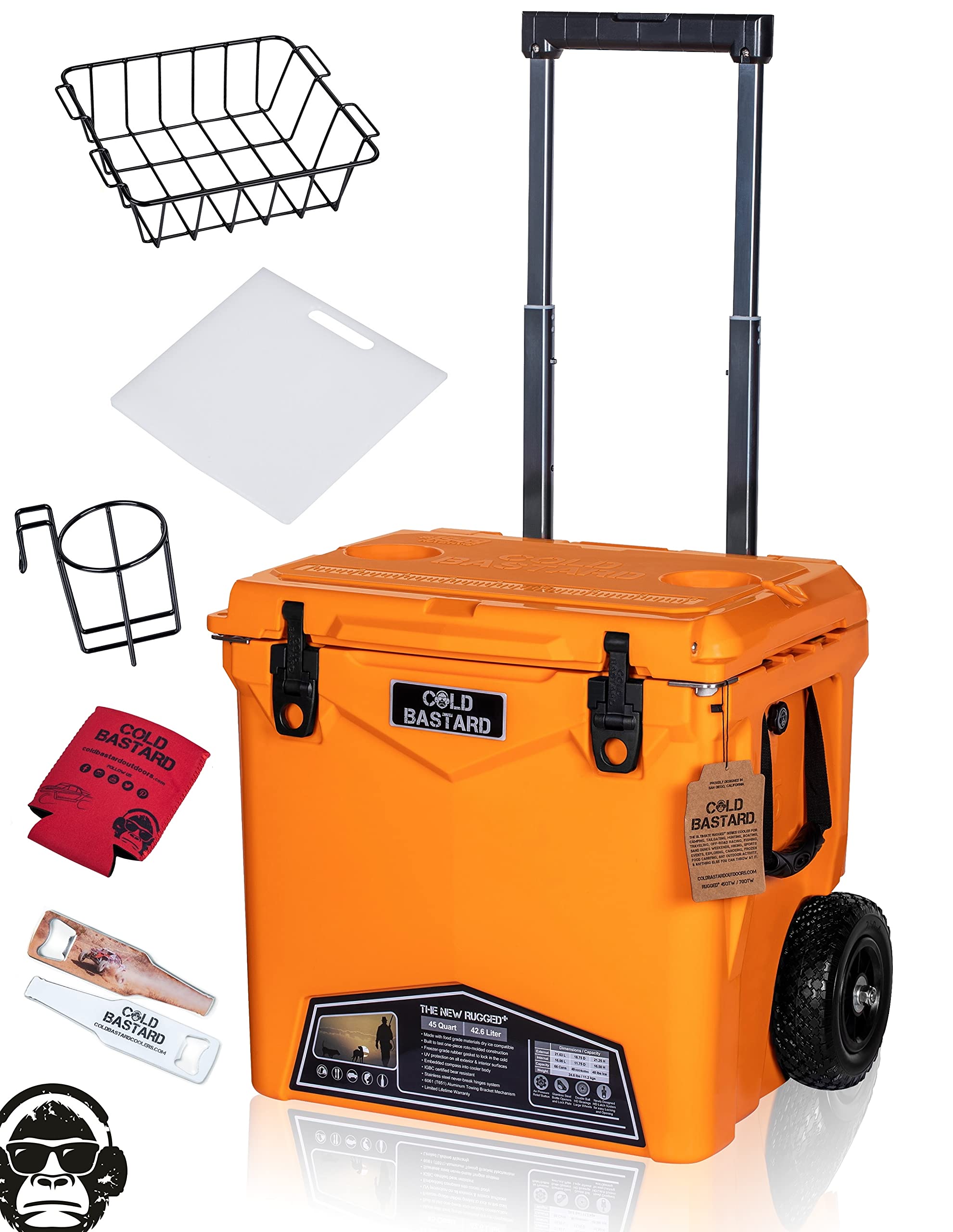 45QTW Cold Bastard Rugged+ Orange Tangerine Large Wheels Best Premium Ice Chest Cooler Accessories Free S&H