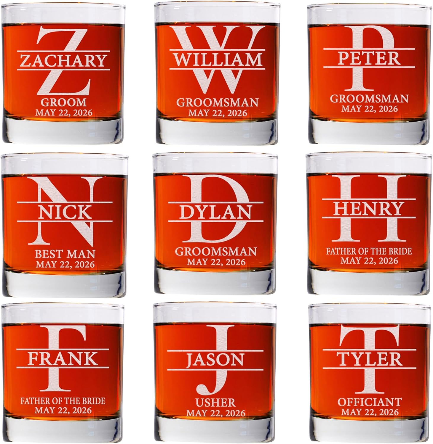 Set Of 9, Personalized Whiskey Glass For Groomsman Gifts, Best Man, Groom, 11oz Old Fashioned Custom Monogrammed Whiskey Glass