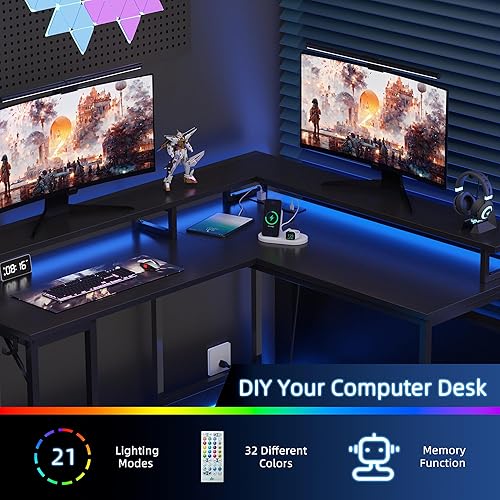 Miniatura 5 de Shintenchi Escritorio para computadora en forma de L de 46 pulgadas con luces LED y soporte para monitor, escritorio reversible para juegos con