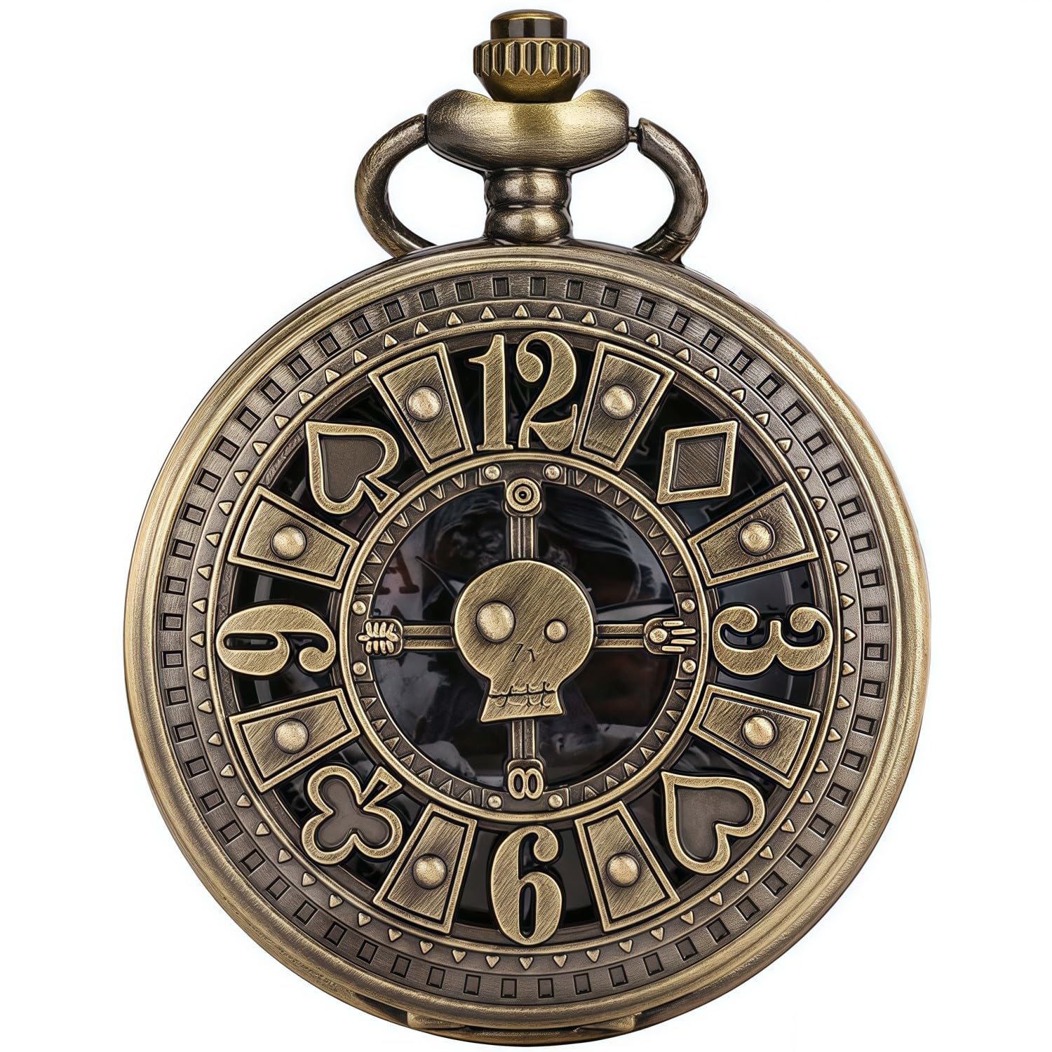 Vintage Pocket Watch Skull Poker Pattern Antique with Chain Halloween-image-46