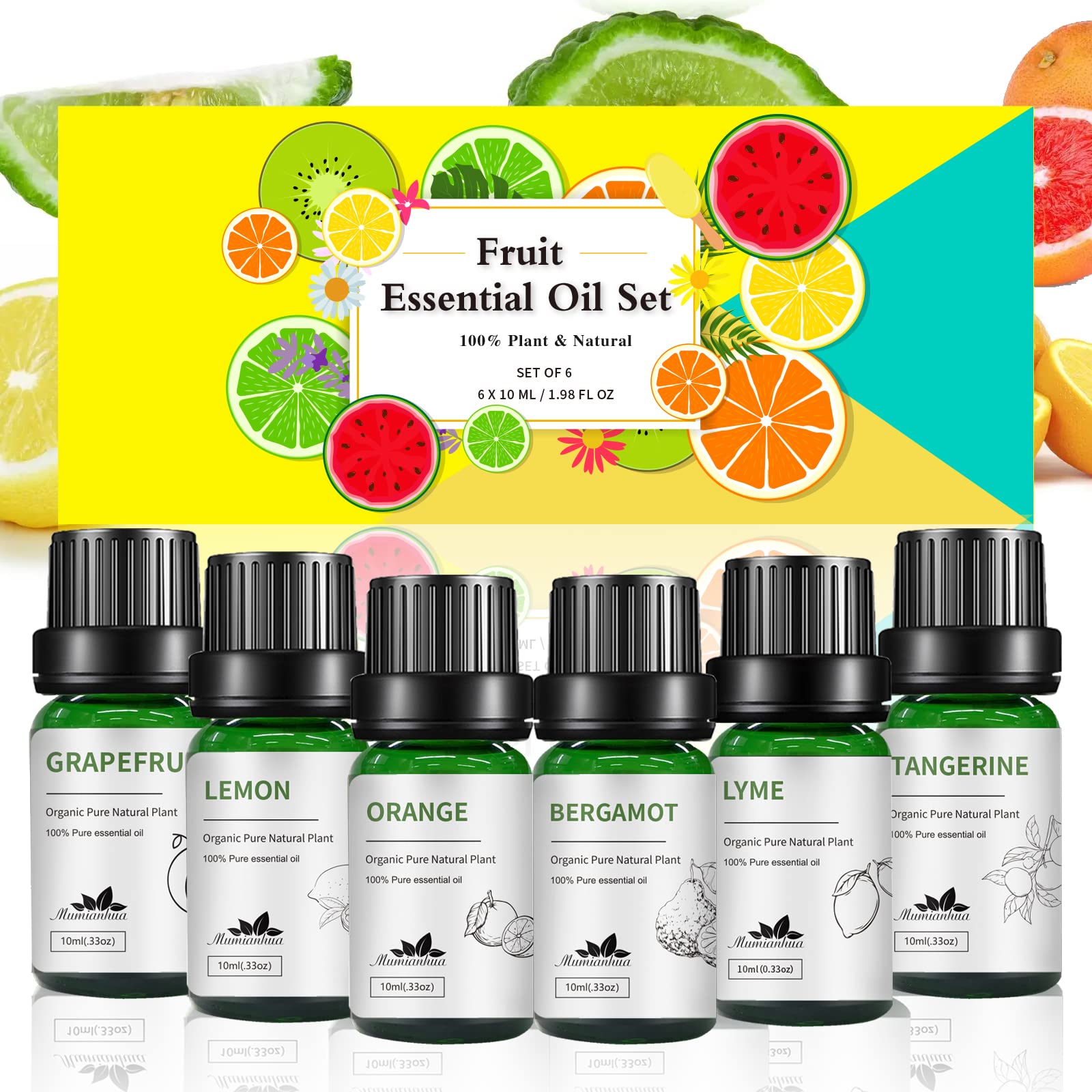 Fruity Essential Oils Set Mumianhua Citrus Essential Oils Pure Mandarin Essential Oil Starter Kit for Diffuser for Home, Skin, Massage - Bergamot, Grapefruit, Orange, Tangerine, Lemon, Lyme 6x10 ml