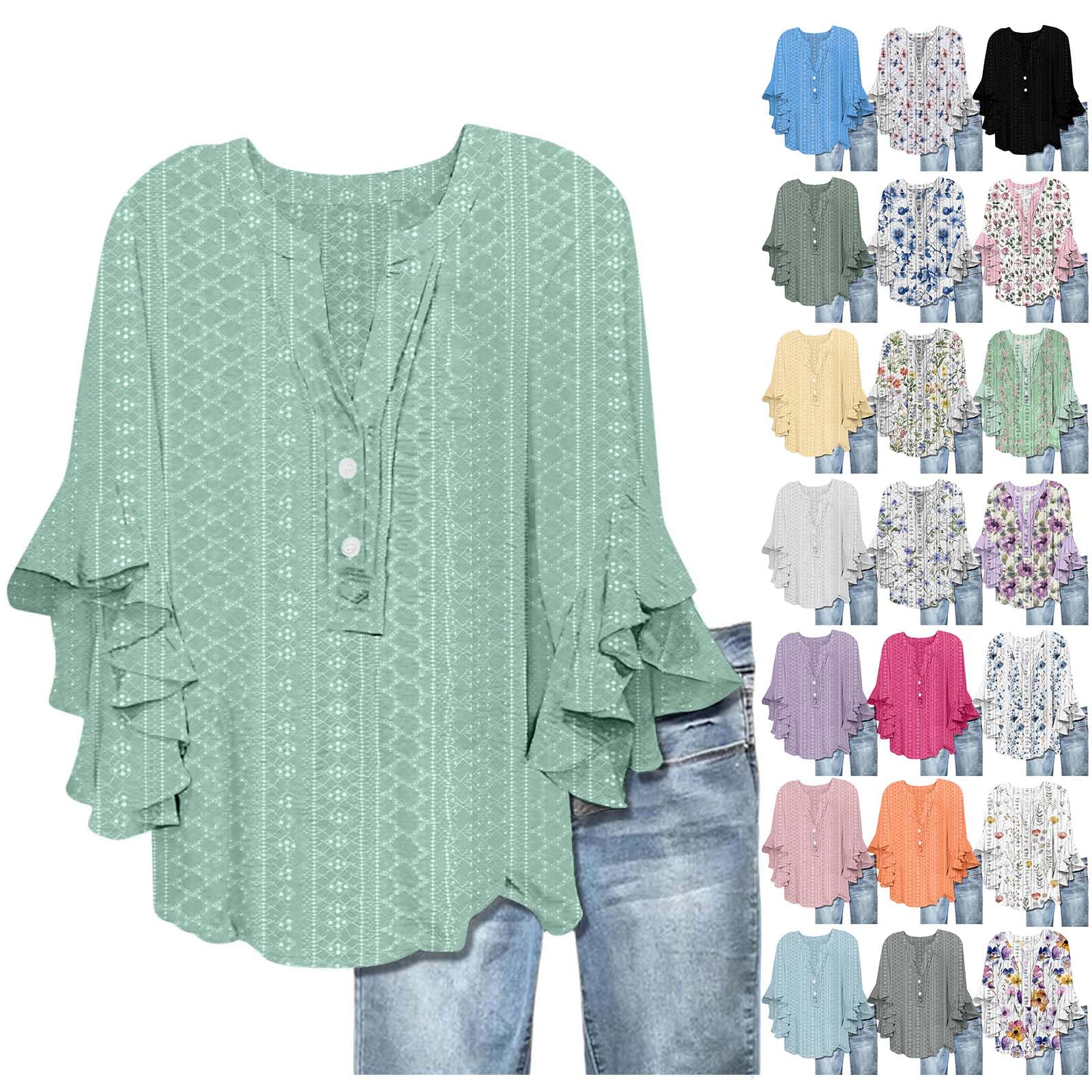 Women's Eyelet Tops V-Neck Ruffle 3/4 Sleeve Blouse Casual Loose Button Up Henley Shirts Boho Flowy Beach Clothes — view 25