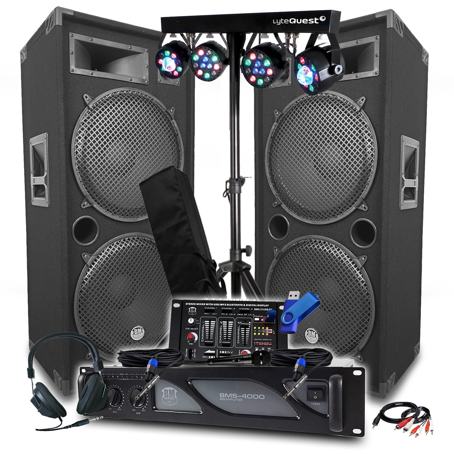 Bmsonic Sono BM Verstärker 4000 W, Paar Lautsprecher LSC215 2 x 2000 W, Bluetooth-Mischpult, 8 LED-Leuchten + 32 G Schlüssel