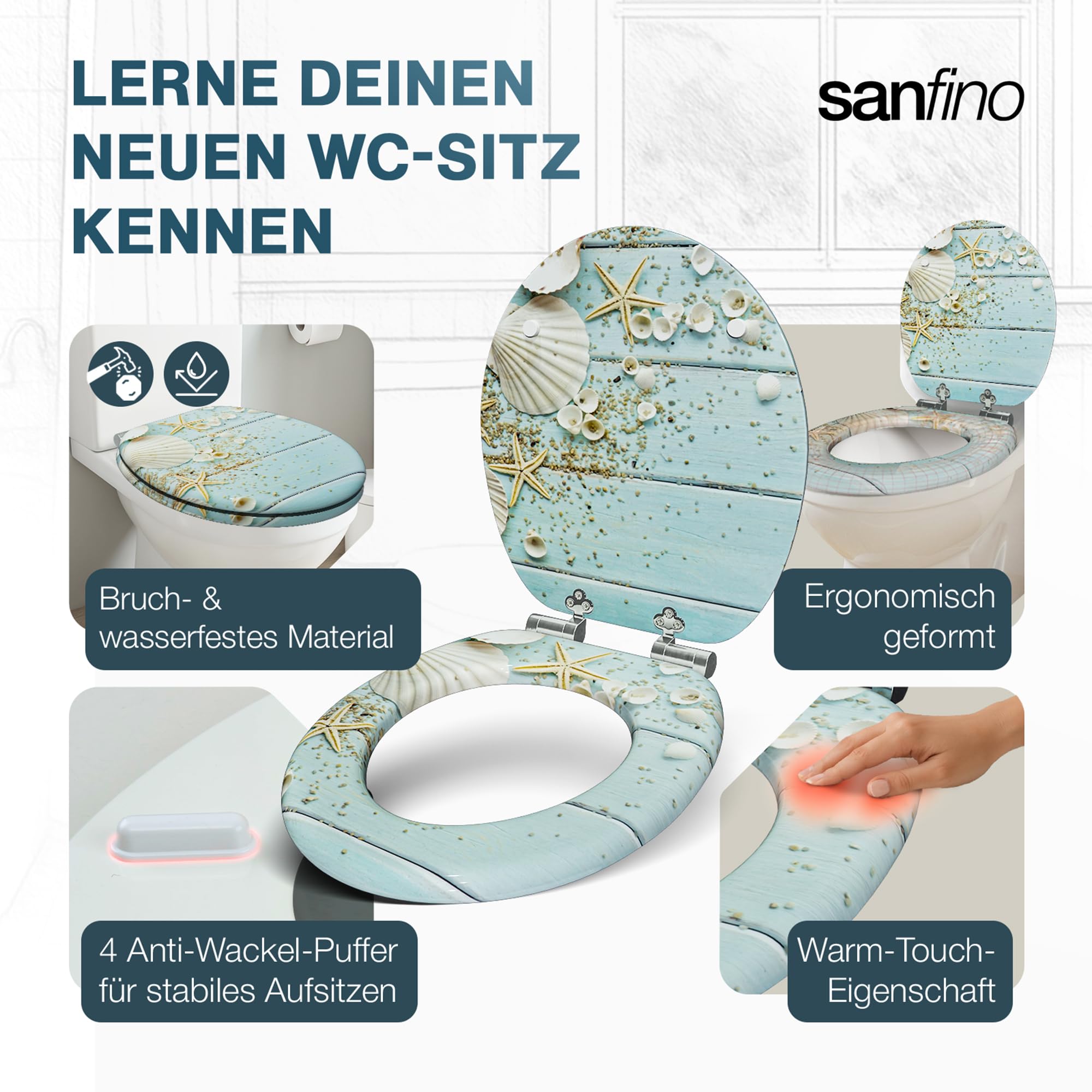 Premium WC Sitz mit Absenkautomatik – hochwertige Toilettendeckel aus Holz, viele bunte Motive, hoher Sitzkomfort, einfache Montage inklusive Montageanleitung – "Caribbean Blue"