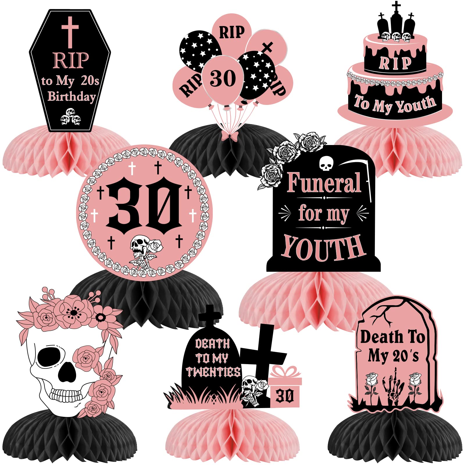 8 Centrotavola A Nido D'ape Neri 'Death To My Twenties' | Decorazioni Glitter Per Compleanni
