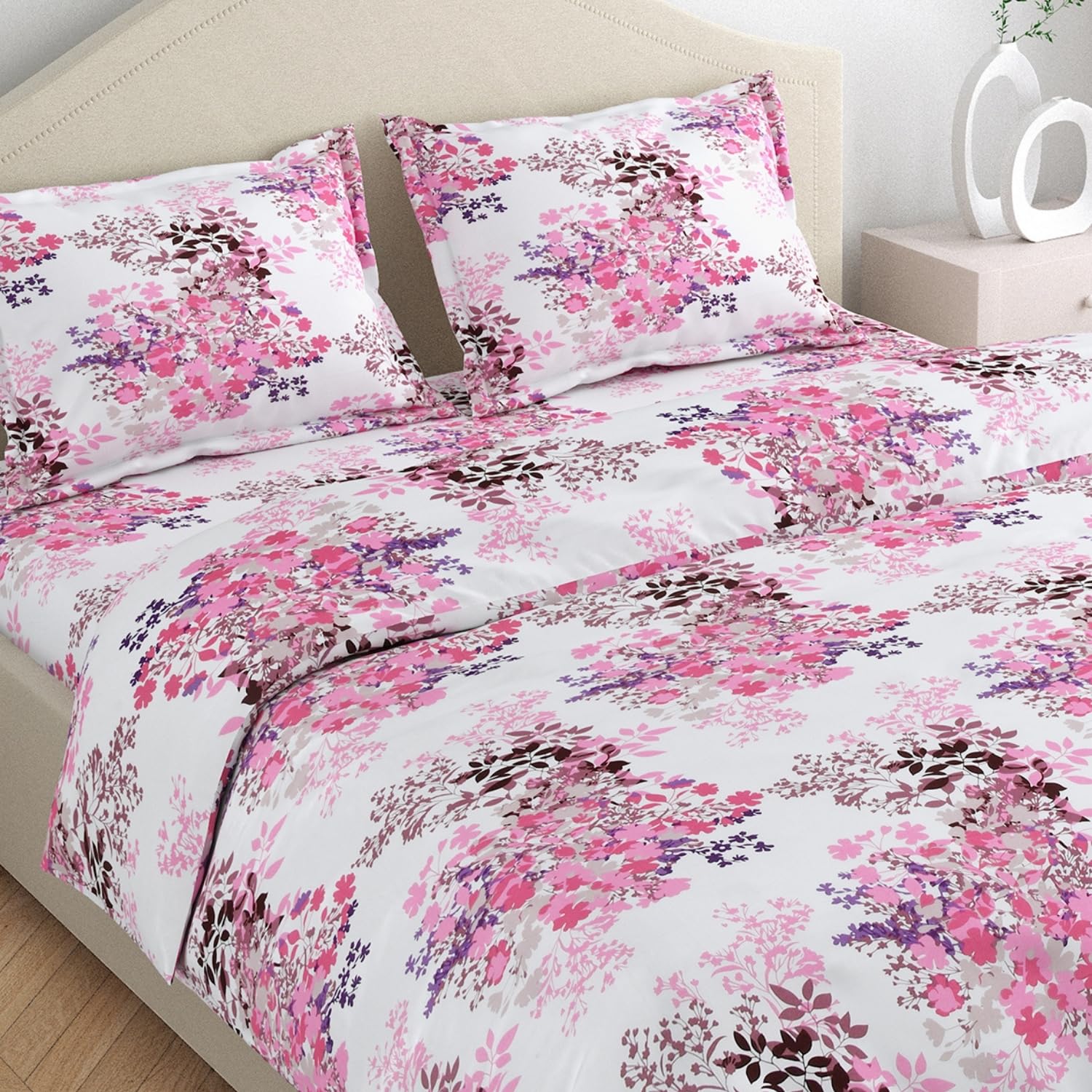haus & kinder Pure Cotton Floral King Size Bedsheet with 2 Pillow Covers for Double Bed 186 TC 108X108 Inches Flat Bed Sheet | Pink King