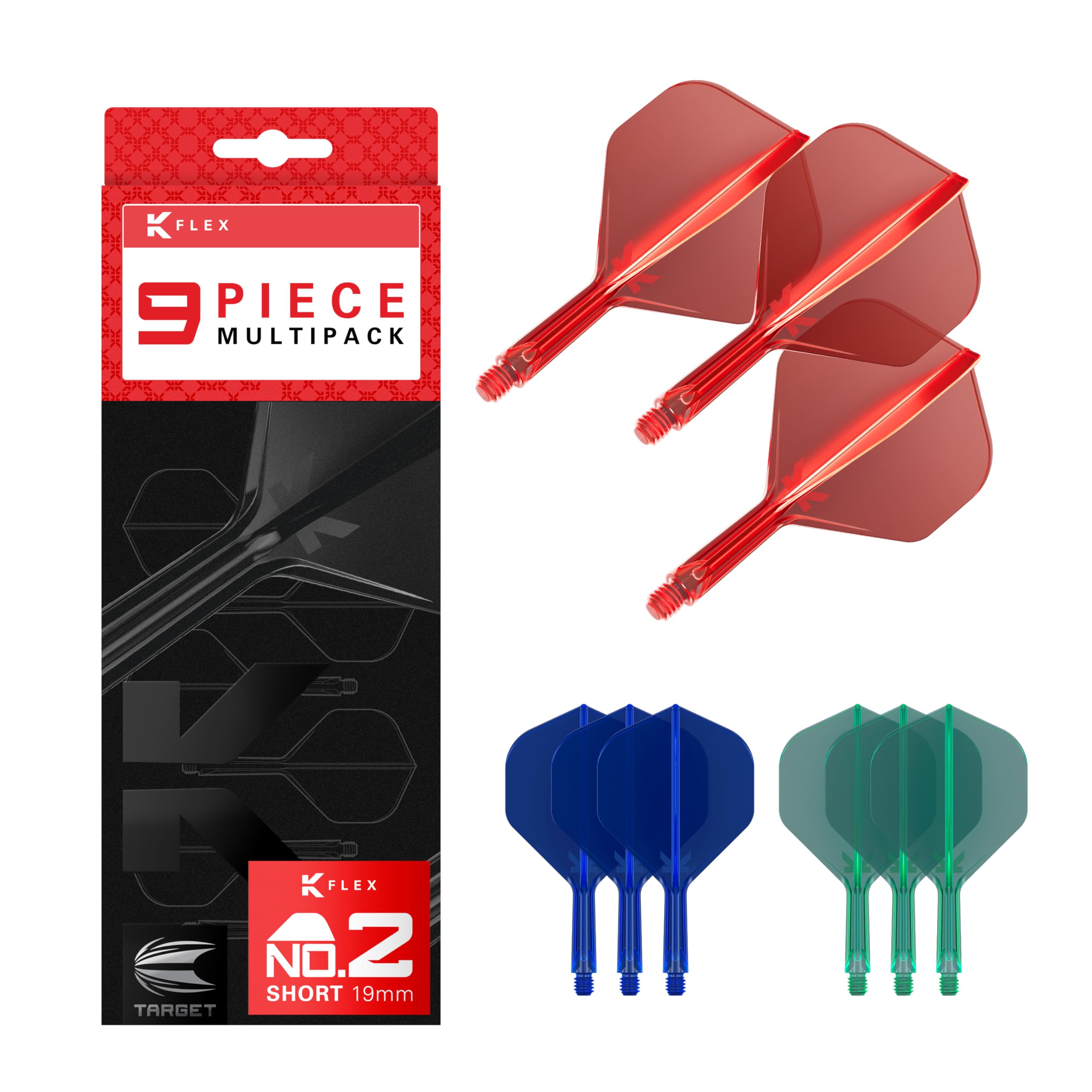 Target Darts K-Flex Integrated Dart Flights and Shafts, Short Stem (19mm), No.2 Flight, 9-pack Bundle, Red, Blue & Green