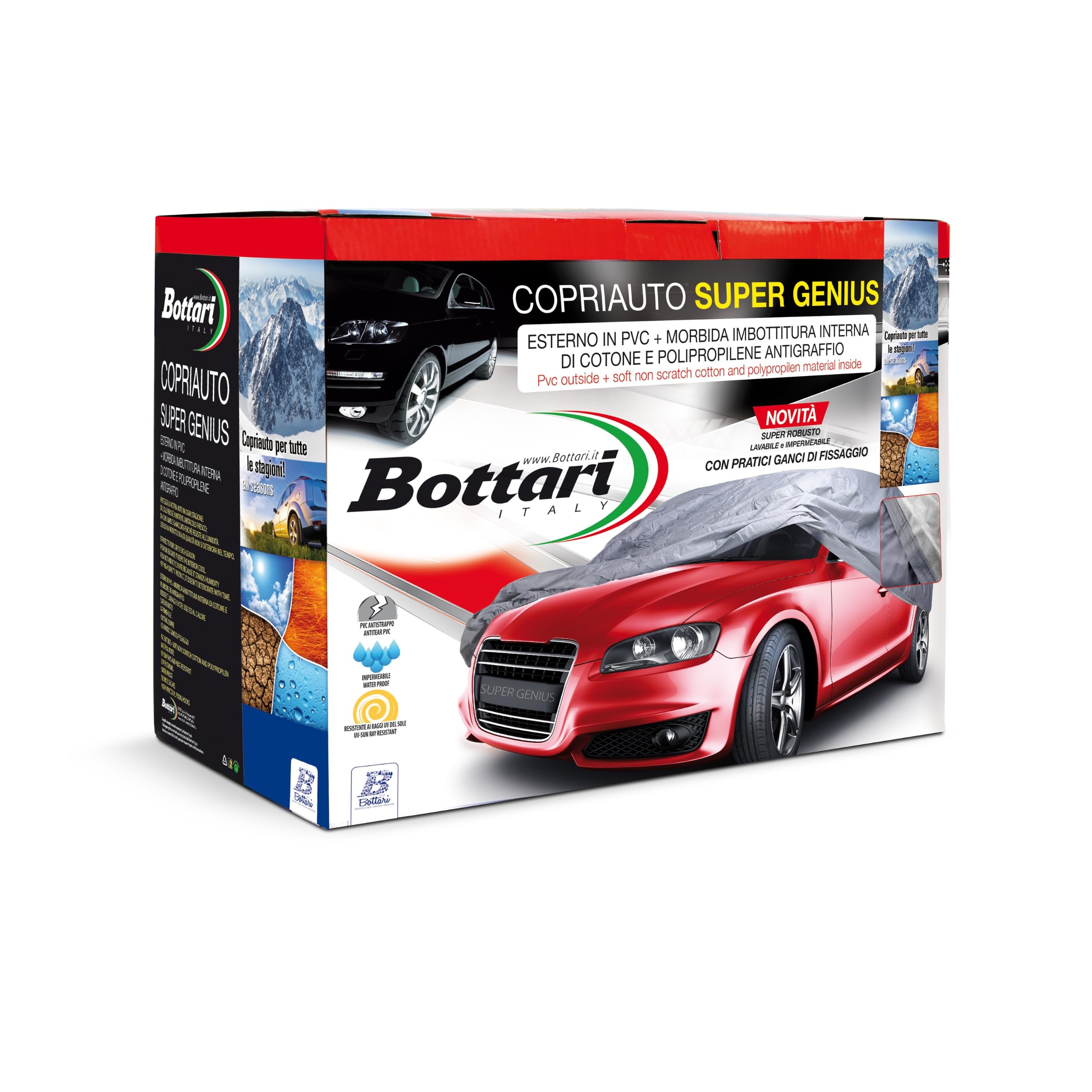 Bottari "SuperGenius" 4 Seasons Waterproof PVC Car Cover - Car Cover with Anti-Scratch Cotton and Polypropylene Interior, Padded and with Fixing Straps - Size S