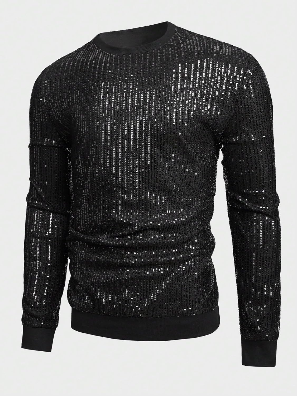 WDIRARA Men's Glitter Sequin Round Neck Sweatshirt Long Sleeve Solid Pullover Top - Image 3