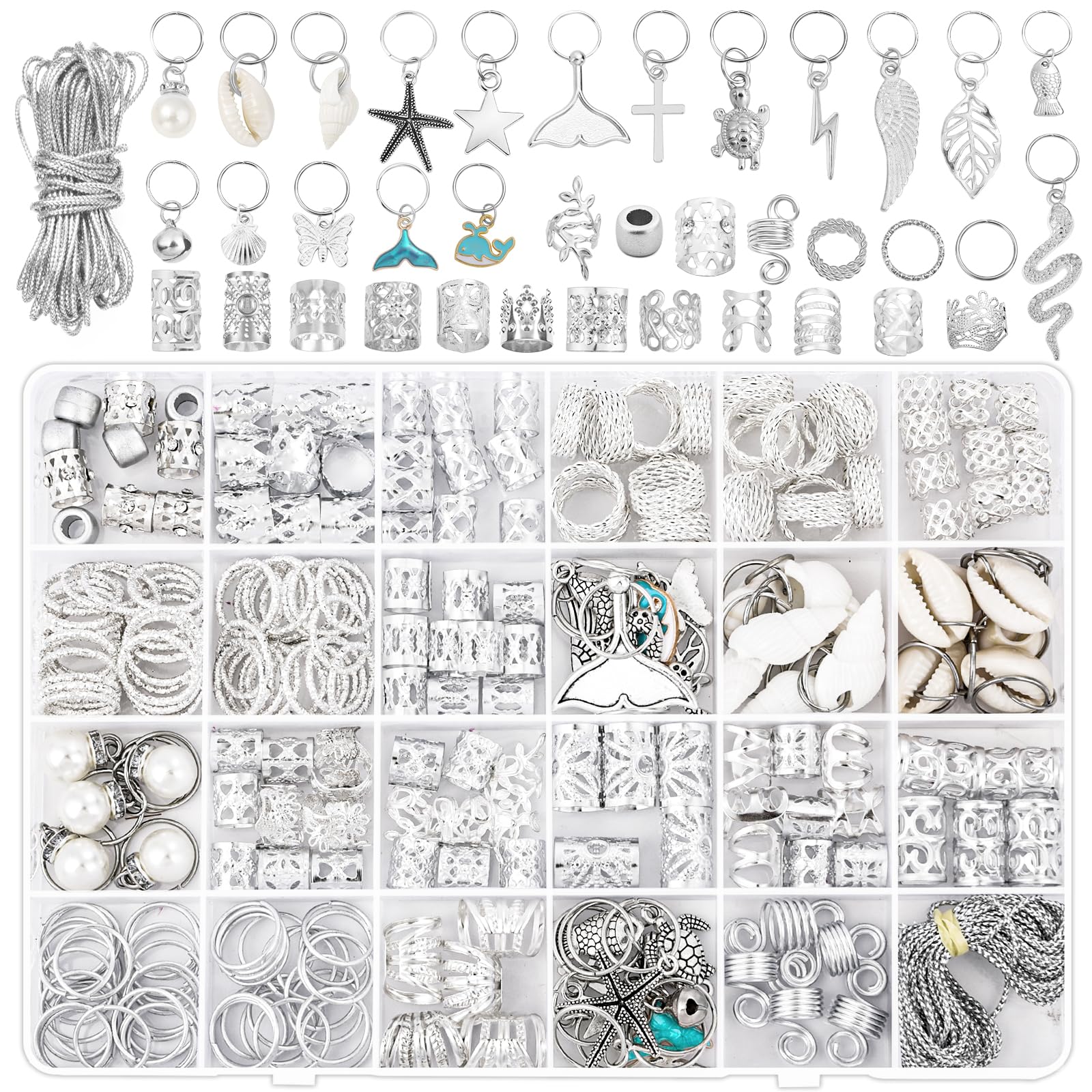255 PCS Silver Hair Jewelry for Braids, 38 Styles Loc Jewelry Charms for Women Men, Metal Hair Cuffs Rings Clips for Dreadlock Accessories