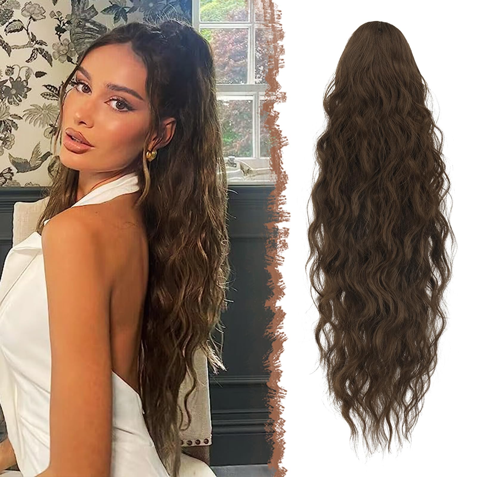 FESHFEN Long Curly Wavy Drawstring Ponytail Extensions Clip in Wavy Synthetic Hairpieces Moss Brown Drawstring Ponytail Curly Hair Piece Pony Tail Extension for Women 26 inch