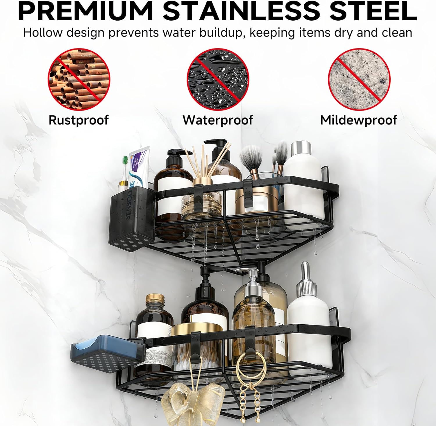 Corner Shower Caddy, 5-Pack Adhesive Shower Corner Organizer Shelves, No Drilling Stainless Steel Shower Storage Rack with Soap&Toothpaste Holder for Bathroom, Dorm and Kitchen (black)