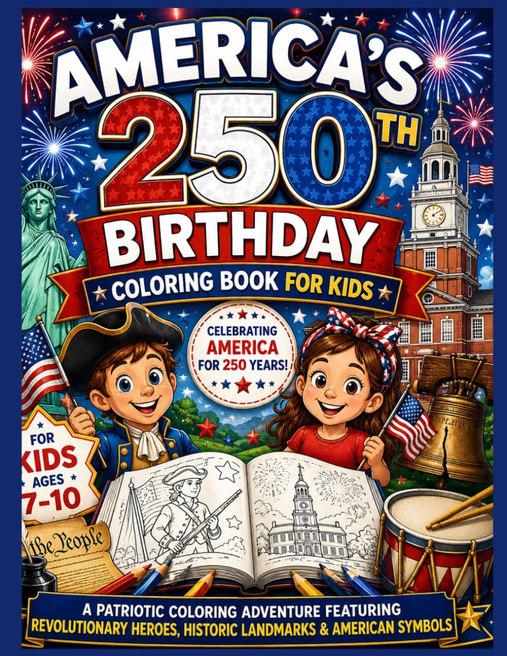 America's 250th Birthday Coloring Book for Kids: A Patriotic Coloring Adventure Featuring Revolutionary Heroes, Historic Landmarks & American Symbols