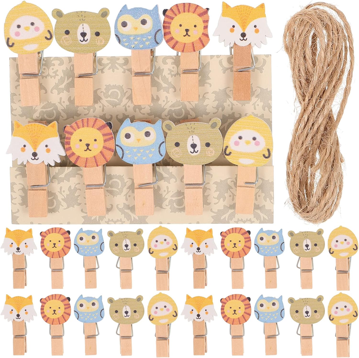 TOPBATHY 100PCS Wood Clips Forest Animals with Twine