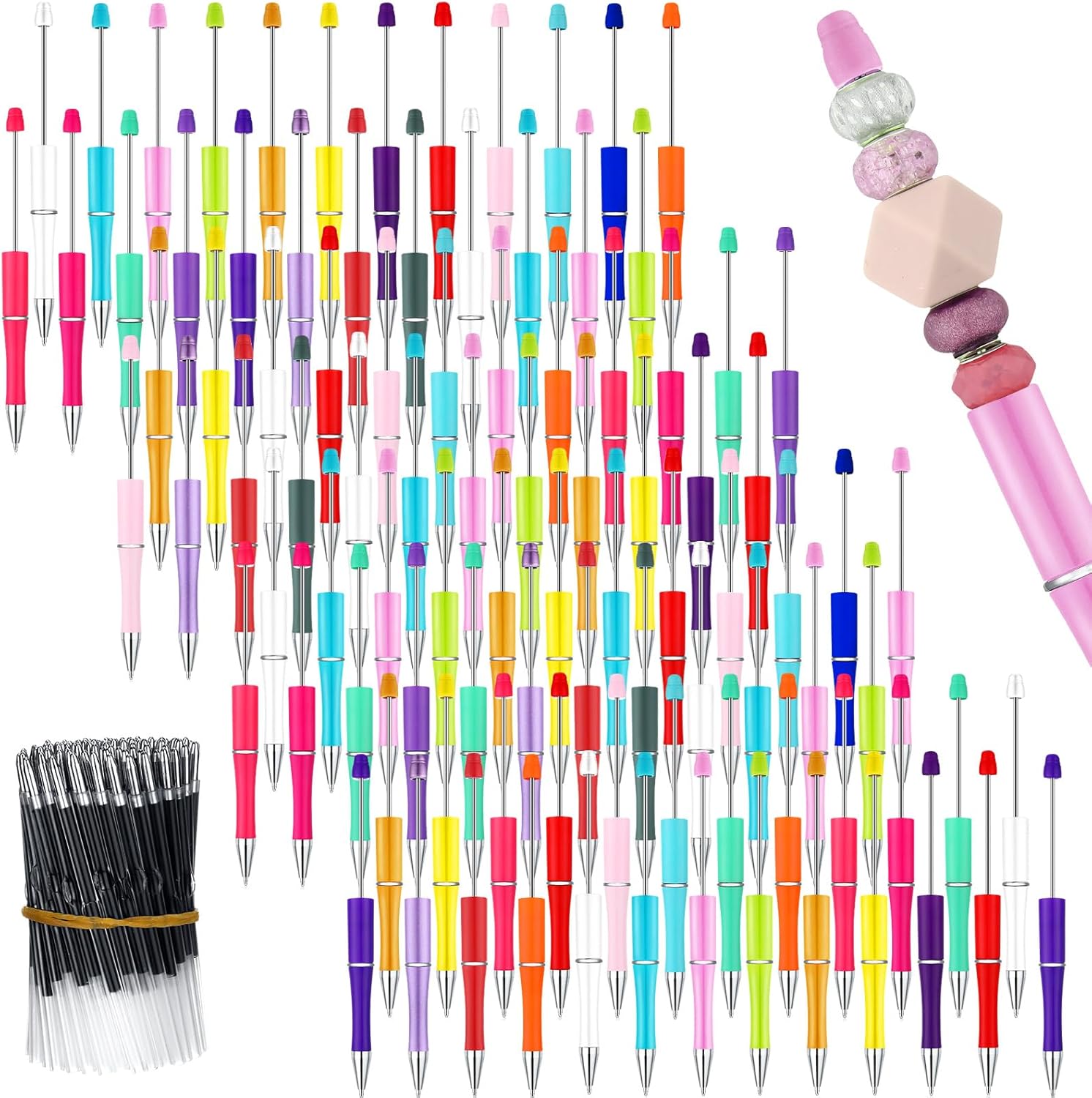 Kosiz 100 Pieces Plastic Beadable Pen Bulk Black Ink Plastic Beaded Ballpoint Pens with 100 Refills for DIY Making Gift Kids Students Presents Office School Supplies (Bright Colors)