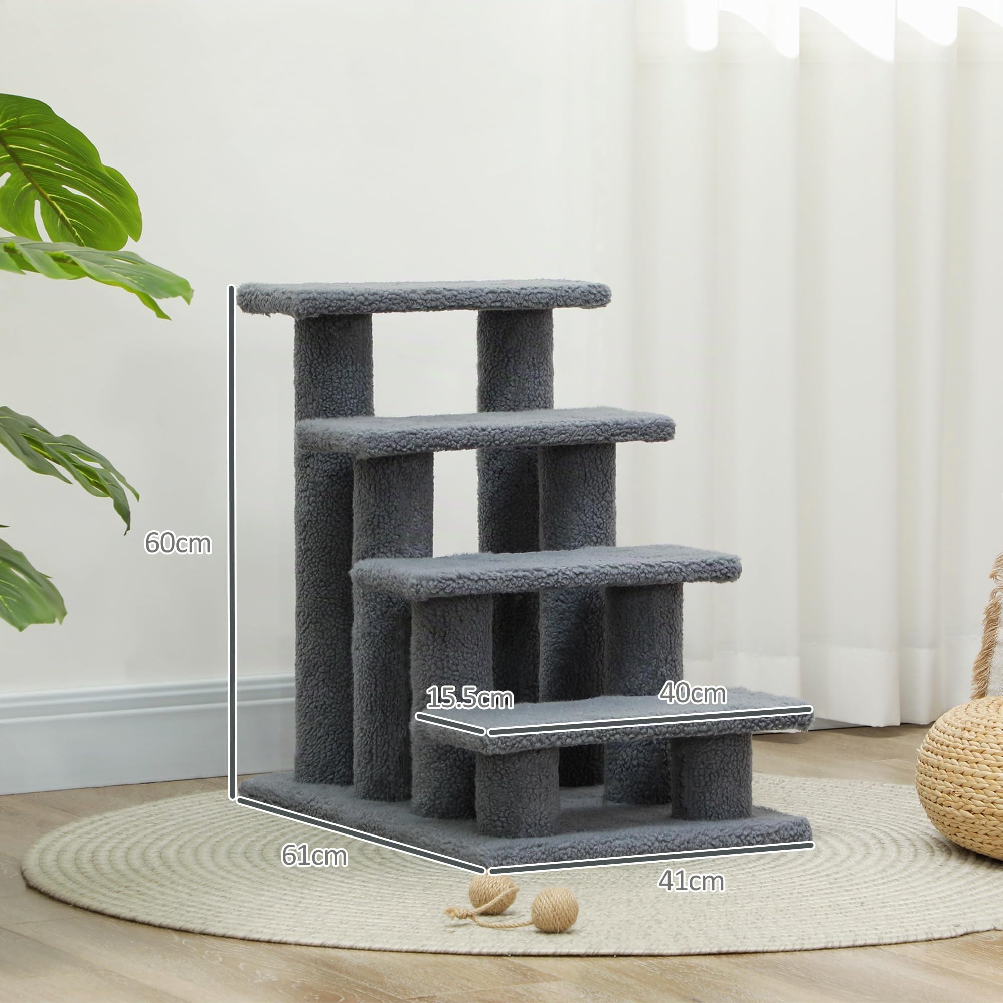 PawHut Scaletta per Cani e Gatti a 4 Gradini in Peluche 61x41x60cm Grigio | Scala per Gatto e Animali Domestici Antiscivolo, Scalini per Cuccioli per Letto e Divano