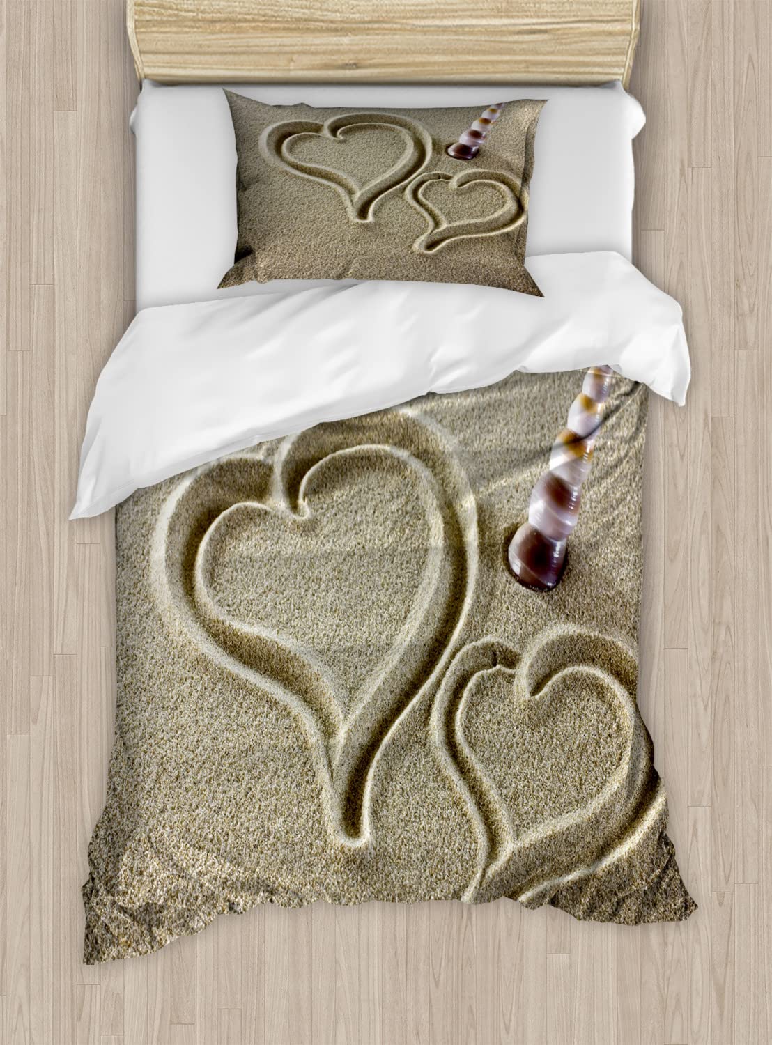 Ambesonne Shell Duvet Cover Sets, Heart Shapes Finger Drawn on Sand and Sink Seashell Love Photo, Bedding Set with 2 Duvet Covers & 2 Pillowcases, 2 Pack Twin Size, Pale Sepia Dark Rosewood