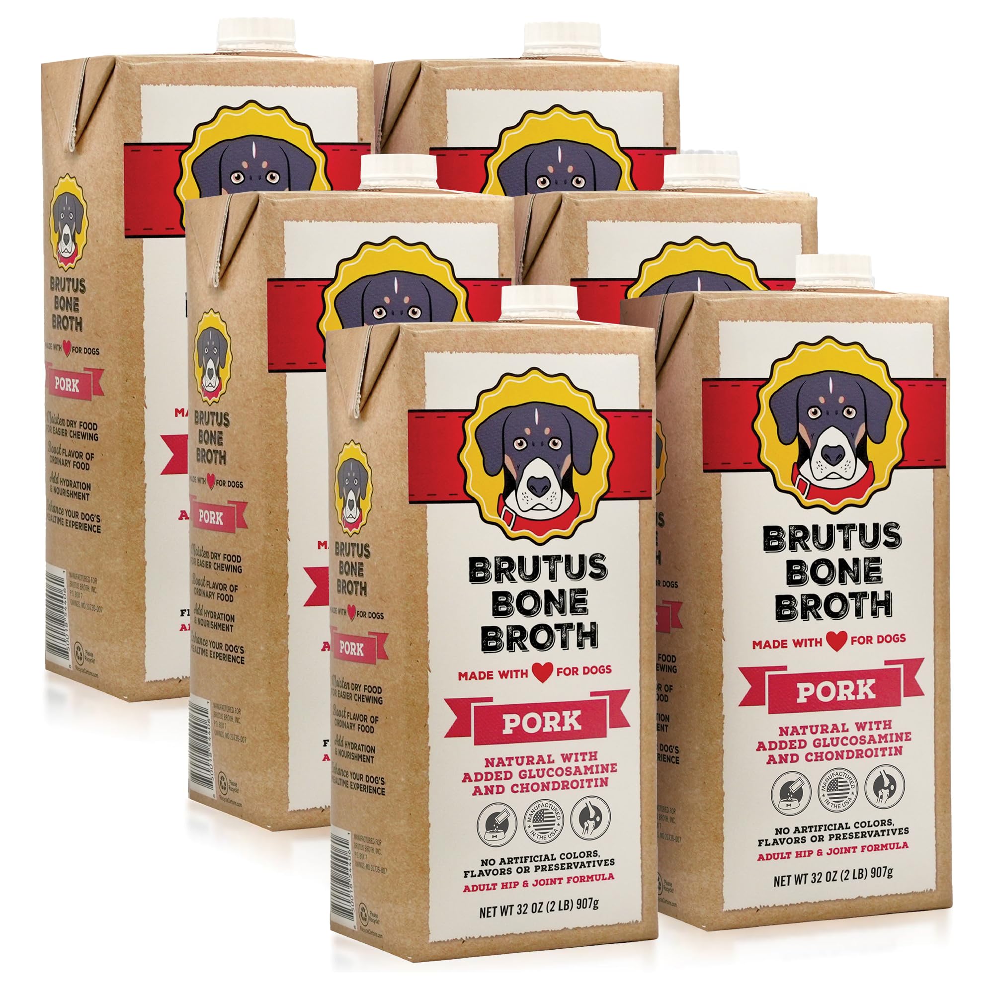Brutus Bone Broth Liquid for Dogs | All Natural | Made in USA | Glucosamine &amp; Chondroitin for Healthy Joints | Human Grade Ingredients | Hydrating Food Topper, Gravy &amp; Treat (Pork, 6-Pack)