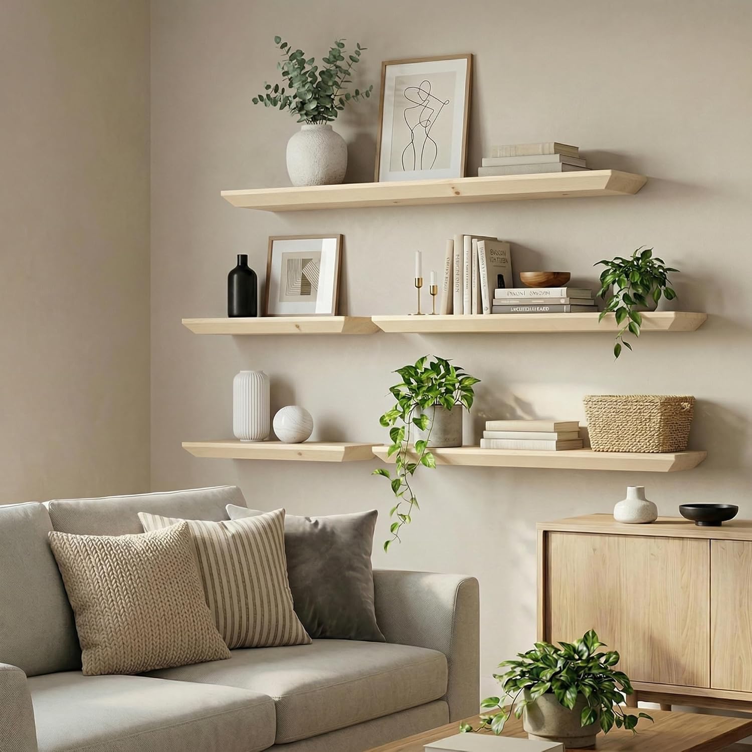 30 inch Floating Shelf for Wall, High End Solid Real Wood Shelf, Spruce Unfinished Wooden 24in Floating Shelves with Heavy Duty Bracket for Living Room Bedroom Office, 24 X 6.7 X 1.4 in, Set of 2