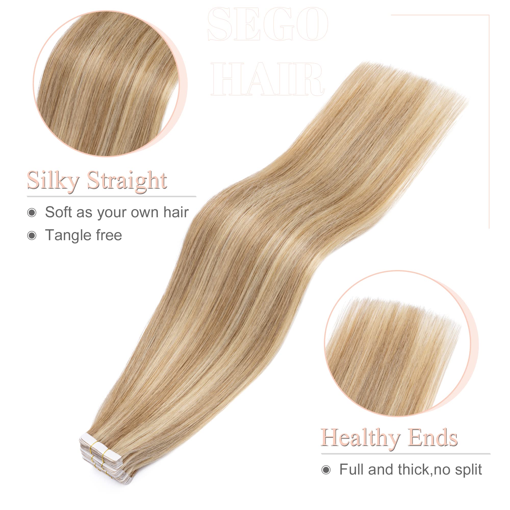 SEGO Extension Adhesive Cheveux Naturel - Extension Cheveux Humain Adhesif - Bande Adhesifs Extension Cheveux Adhesive Naturel - 60 CM 12P613#Brun Doré & Blond Blanchi [2.5g X 20 pcs]