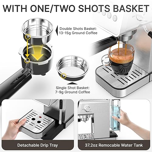 Miniatura 9 de Máquina de café expreso con espumador de leche de vapor, cafetera de acero inoxidable de 20 bares para café con leche y capuchino, tanque de agua