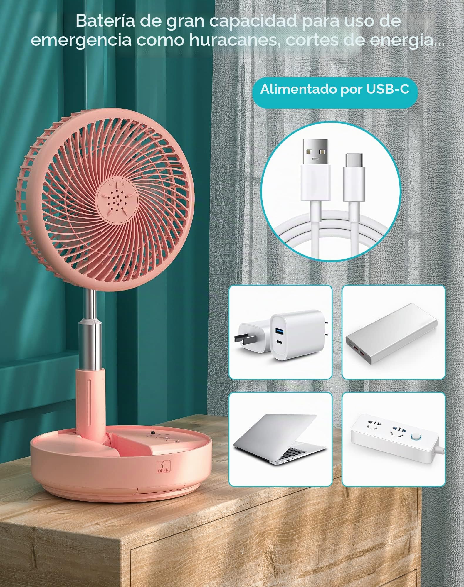 Primevolve Ventilador oscilante portátil de pie, recargable por batería, ventilador USB de mesa con control remoto, ventilador para dormitorio, camping, viajes, rosa, 19,6 cm