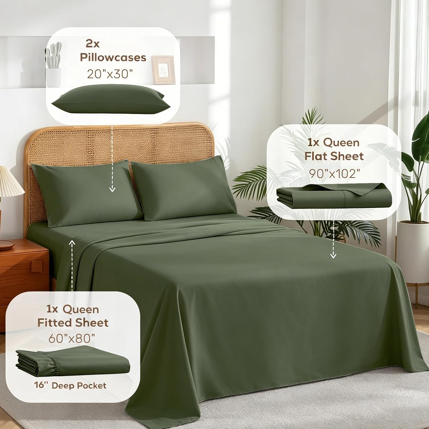 1800TC Microfiber Bed Sheets,4PC Queen Sheet Set Deep Pocket Green | Extra Thick Heavyweight,16" Deep Pocket ,Easy Fit, Soft,Cooling,Breathable,2 Pillowcases,1 Fitted Sheet,1Flat Sheet,Oeko-Tex