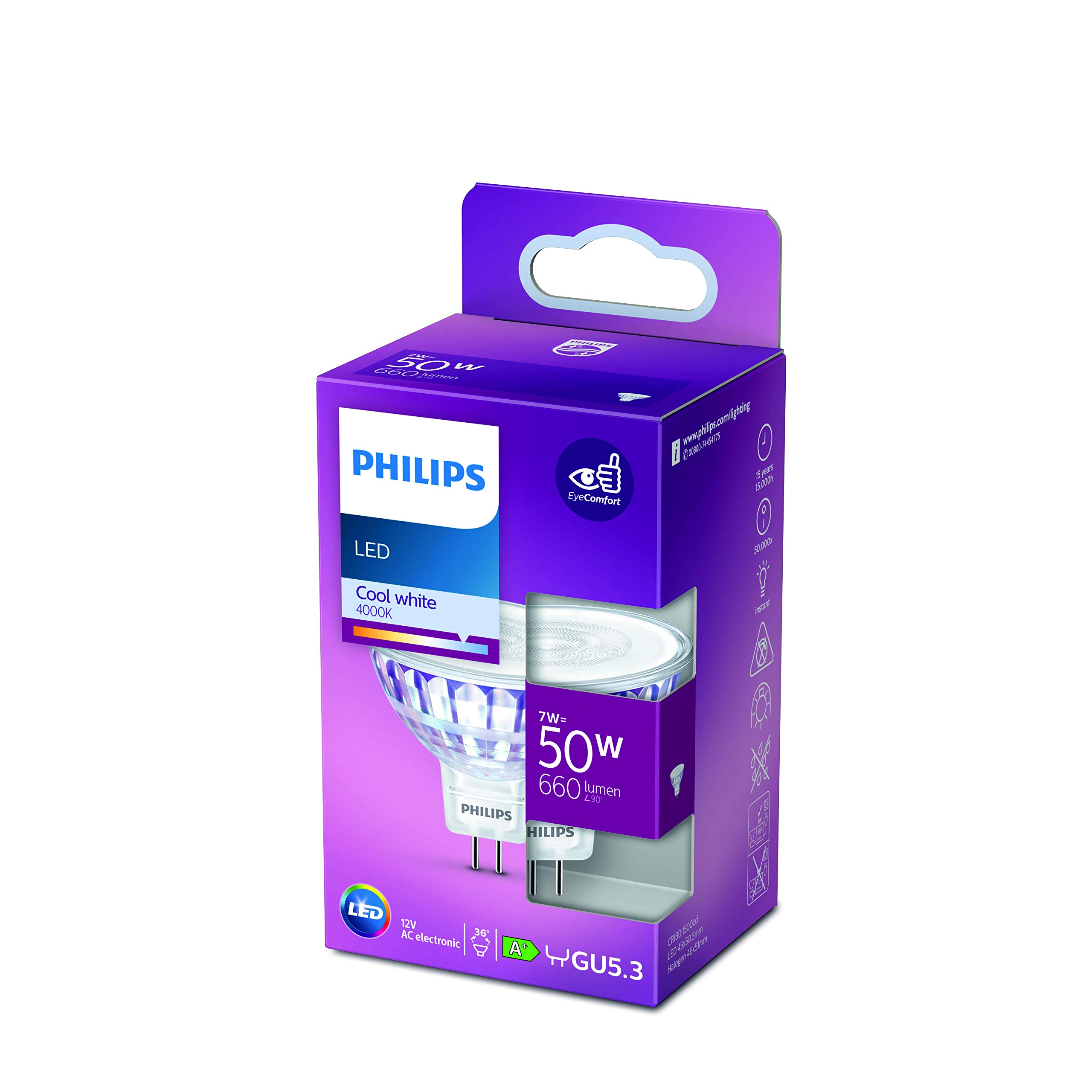 PhilipsLED Reflector Light Spot [GU5.3] 7W - 50W Equivalent, Cool White (4000K), Non Dimmable.