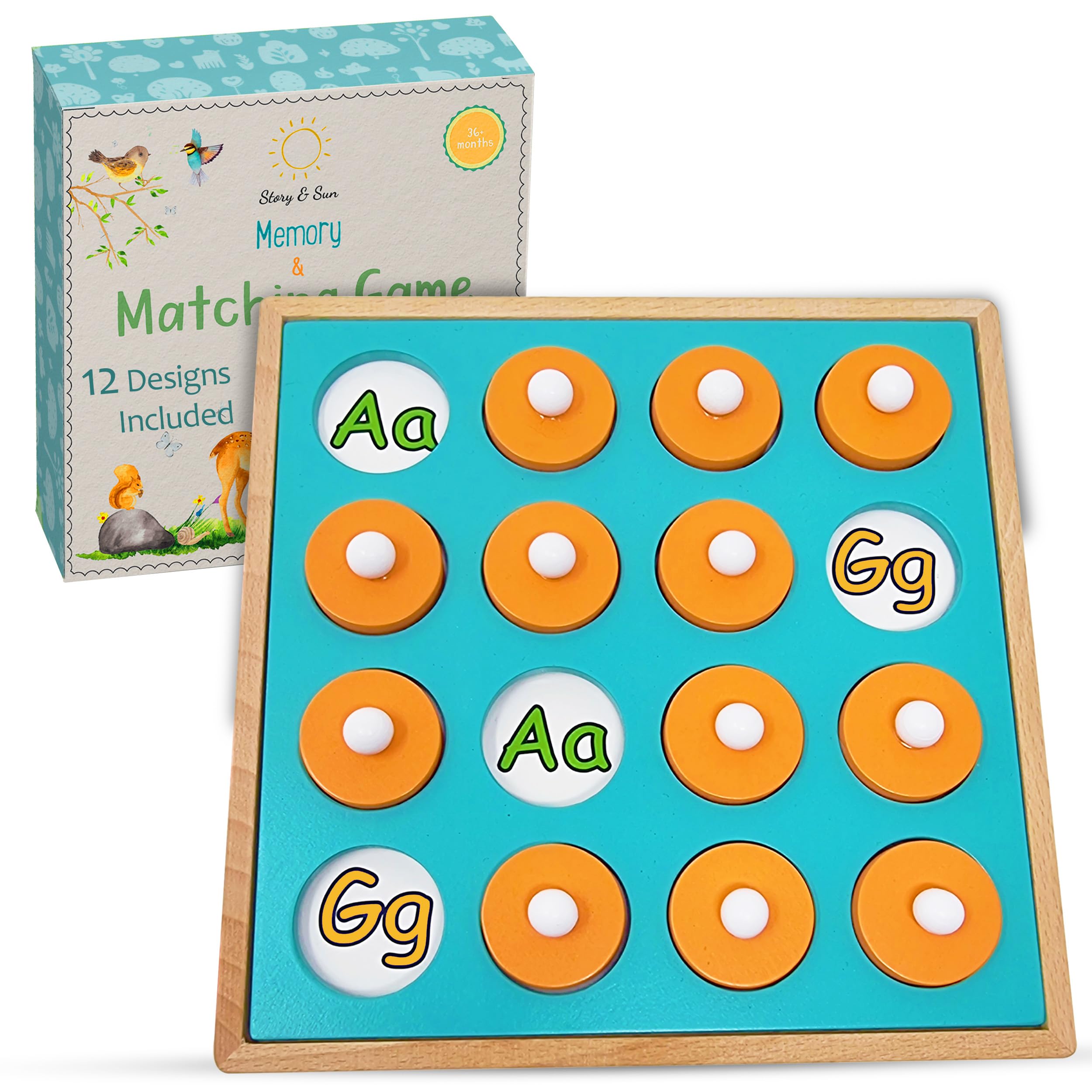 Photo 1 of Story & Sun Memory Matching Game with 12 Designs. Wooden Memory Games for Kids Ages 4-8. Toddler Matching Game, Memory Game and Concentration Game for 1 or 2-4 Players.