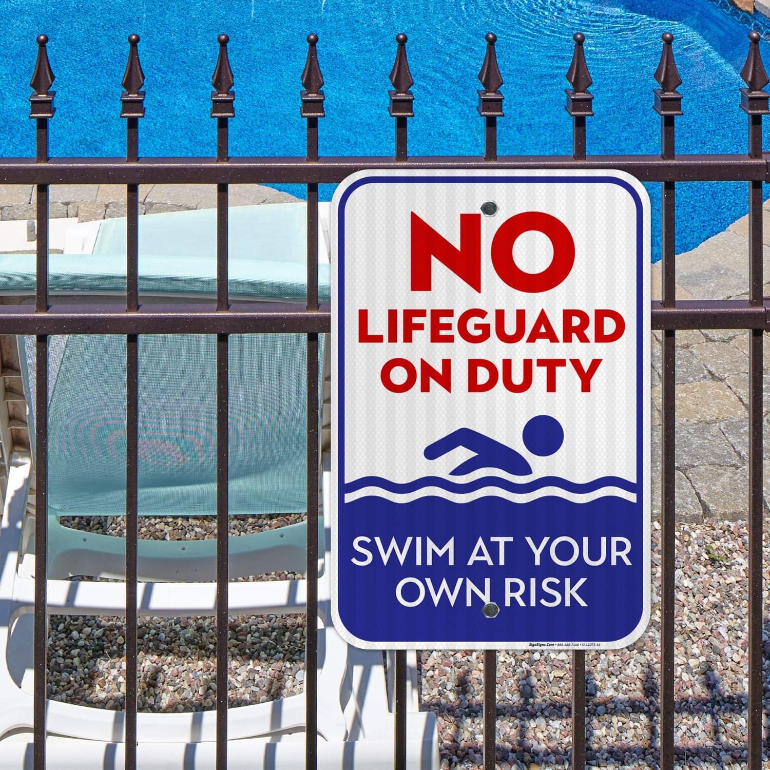 No Lifeguard On Duty Sign, Blue Pool Sign, 12x18 Inches, 3M EGP Reflective 0.63 Aluminum, Fade Resistant, Easy Mounting, Indoor/Outdoor Use, Made in USA