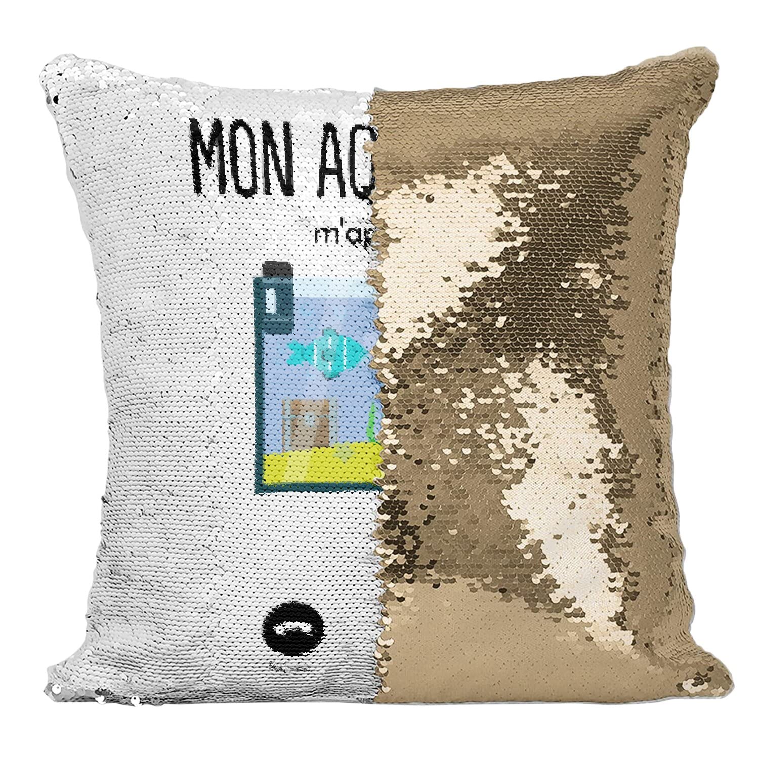 Coussin Sequin Doré Mon Aquarium m'appelle Paillettes Passion Poissons déco