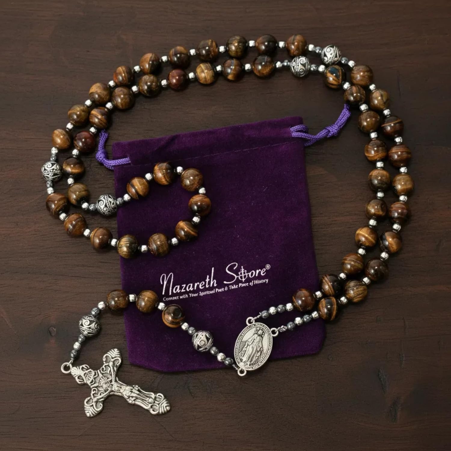 Nazareth Store Genuine Rosary Stone Beads Necklace Metal Beaded Glory Beads Miraculous Medal & Silver Cross Crucifix For Men and Womens - Image 4