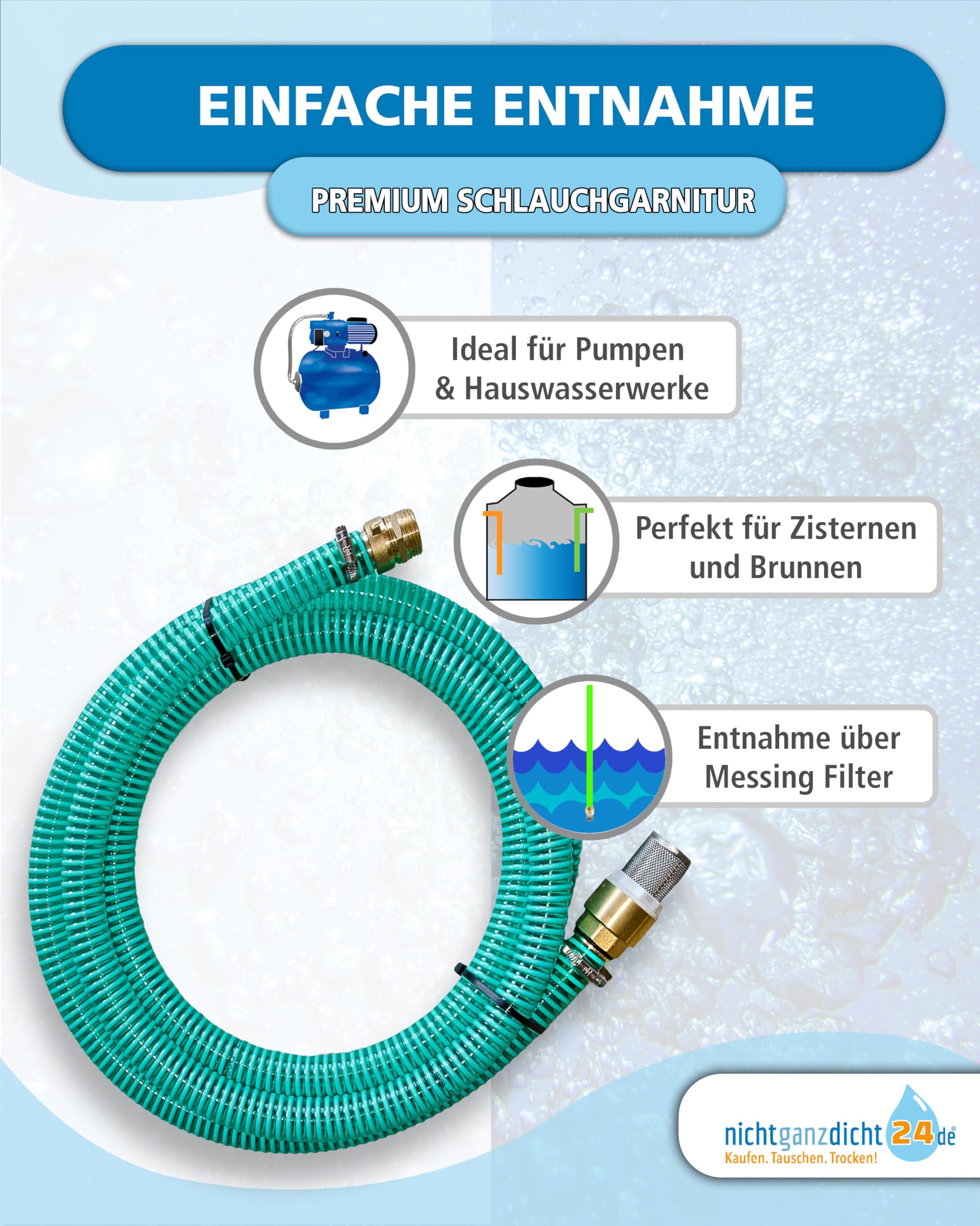 Sauggarnitur 1 Zoll 20m 1-25m Ansauggarnitur NW 25 Saugschlauch 1" Pumpenschlauch Messing Fußventil mit Rückschlagklappe (20m)