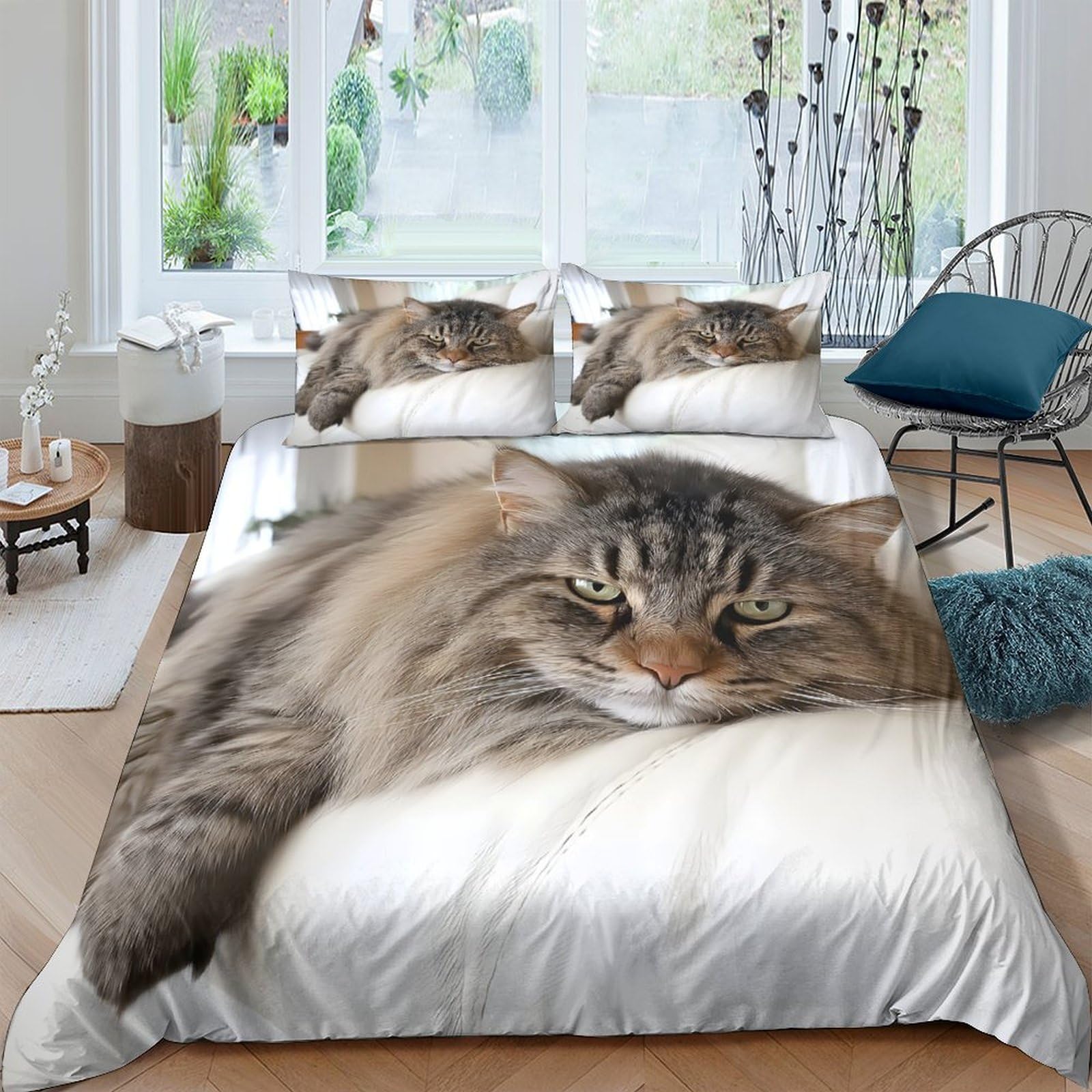Ctjqhvkz Style-4 3D Printed Fluffy Cat Fitted Sheet Microfiber Soft Breathable Realistic Cat Mattress Cover Bedroom Decor Single（135X200cm）