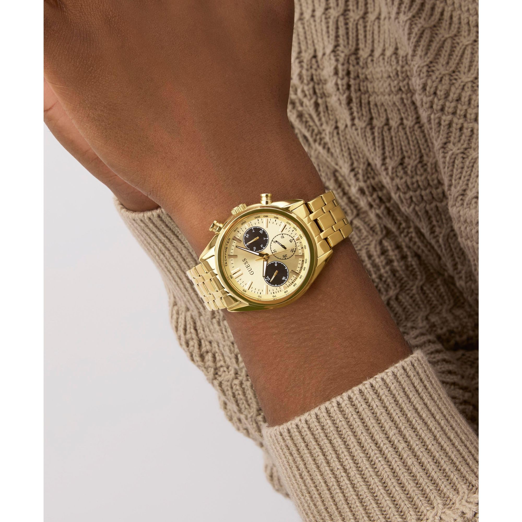 Guess Dawson GW0971G2 - Reloj de Pulsera para Hombre con Fecha, Correa de Acero Inoxidable, Cristal Mineral, Esfera Dorada, 5 Bar, diámetro de la Caja: 44 mm