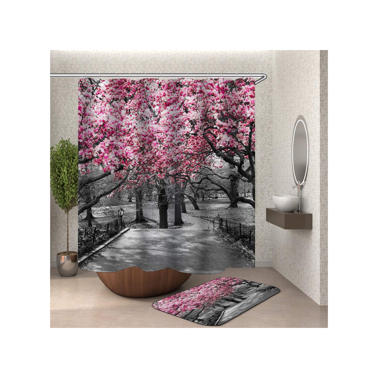 KnSam Zasłona prysznicowa przeciw pleśni, wodoszczelna, do łazienki, z kwiatami wiśni, 100% poliester, w zestawie 12 pierścieniami, 150 x 200 cm