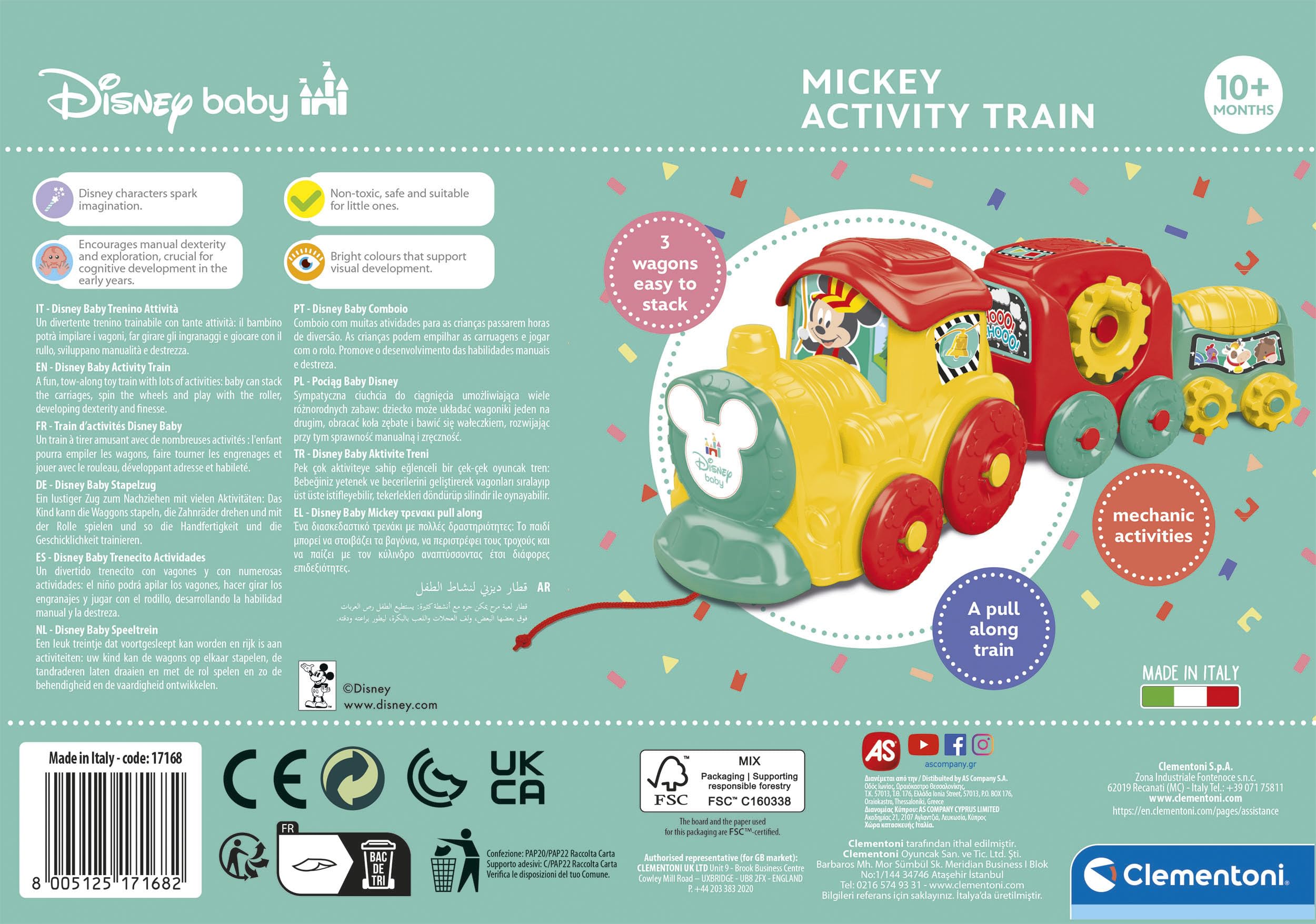 Clementoni Disney Baby Activity Train, Trenino Trainabile con Vagoni Impilabili, per Bambini 10+ Mesi, Gioco Prima Infanzia per Comprendere la Relazione Causa-Effetto, 17168