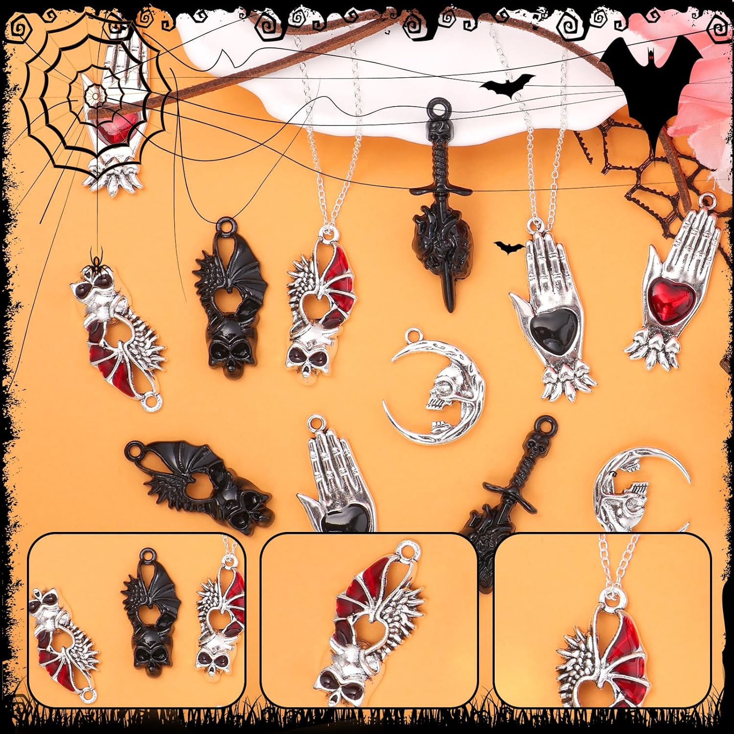 Anower 12 Pcs Halloween Charms for Jewelry Making, Moon Skeleton Head Hand Gothic Style Halloween Pendant Charms for Necklaces Bracelets Earring Keychain Terror Punk Charm DIY Crafts - Image 3