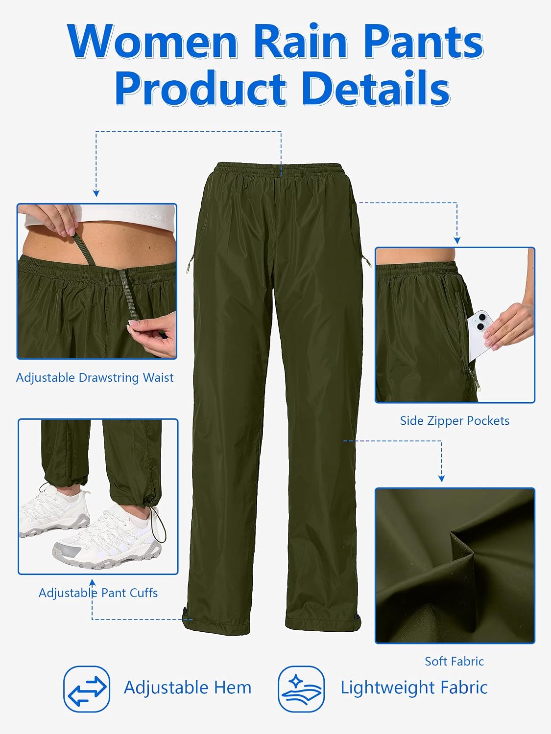 UIQUR Womens Rain Pants Waterproof Pants Hiking Pants image 5