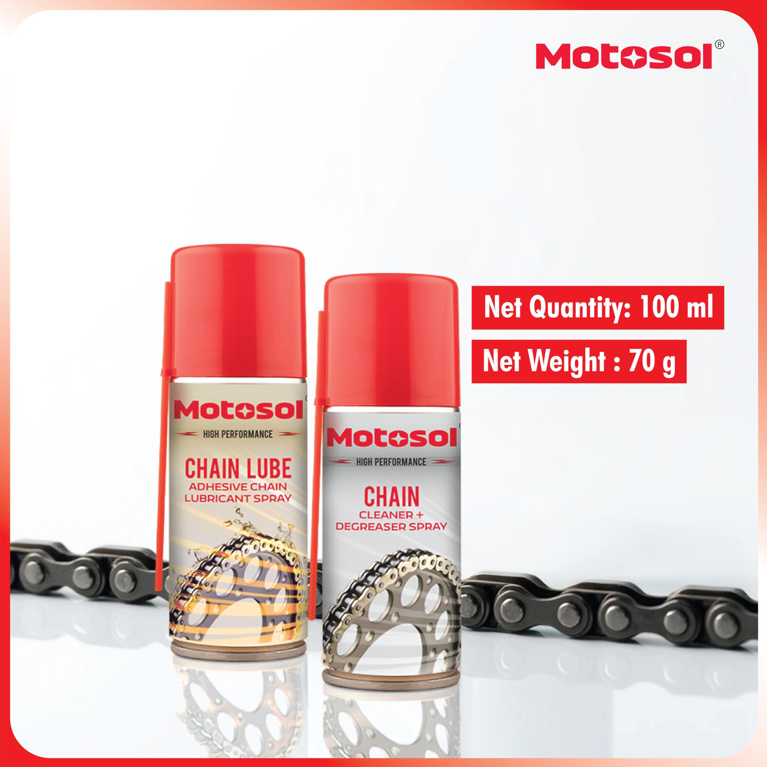 Motosol Chain Lube & Chain Degreaser Combo | Chain Care Kit | Bike Chain Lubricant | Cleaner Degreaser Spray | Chain Care Products | Bike Scooter Motorcycle Chain Cleaning Accessories | 100ml each 4